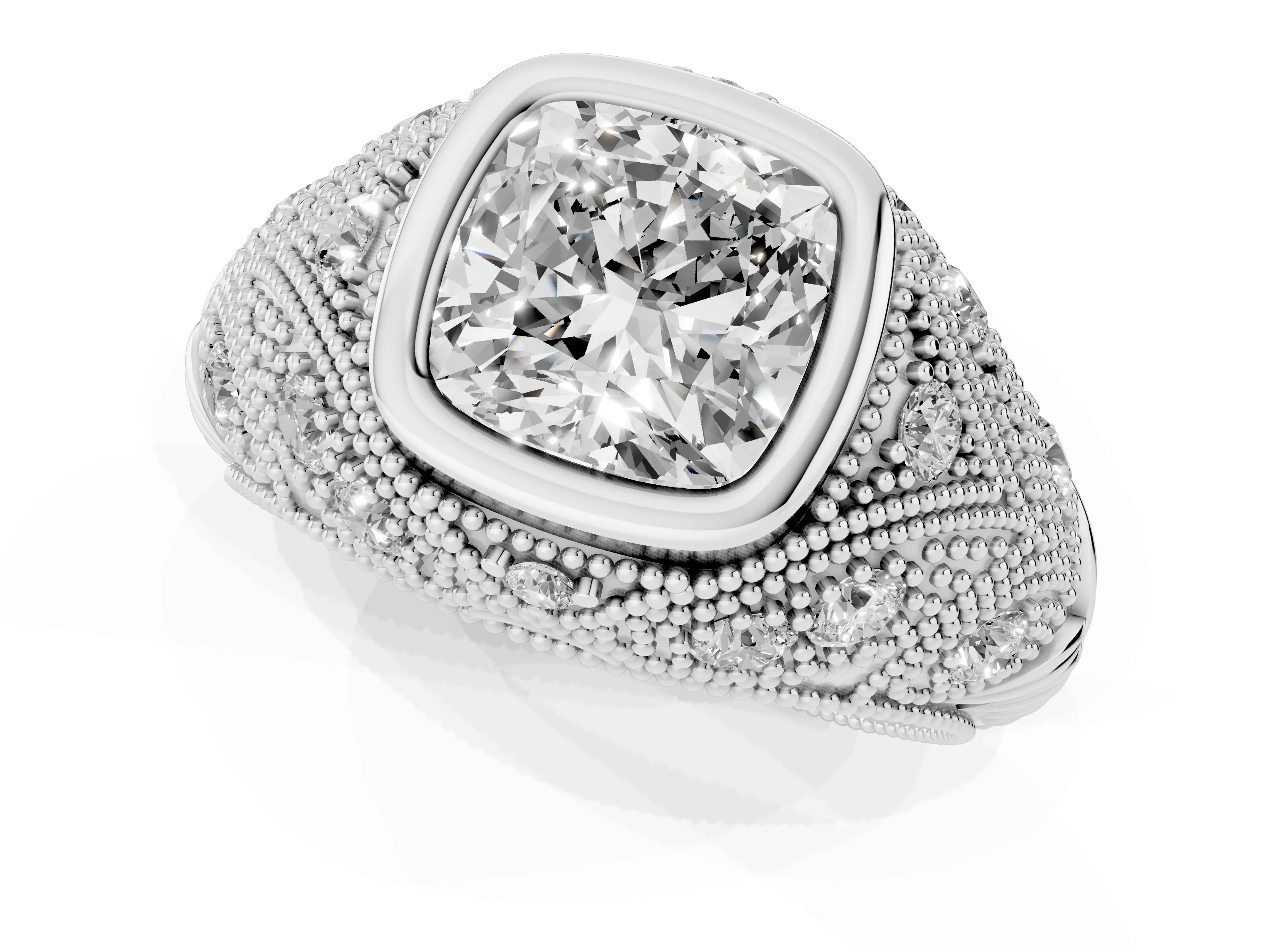 Cushion Cut Diamond Bezel Ring Set in Silver with Milgrain Accent Band