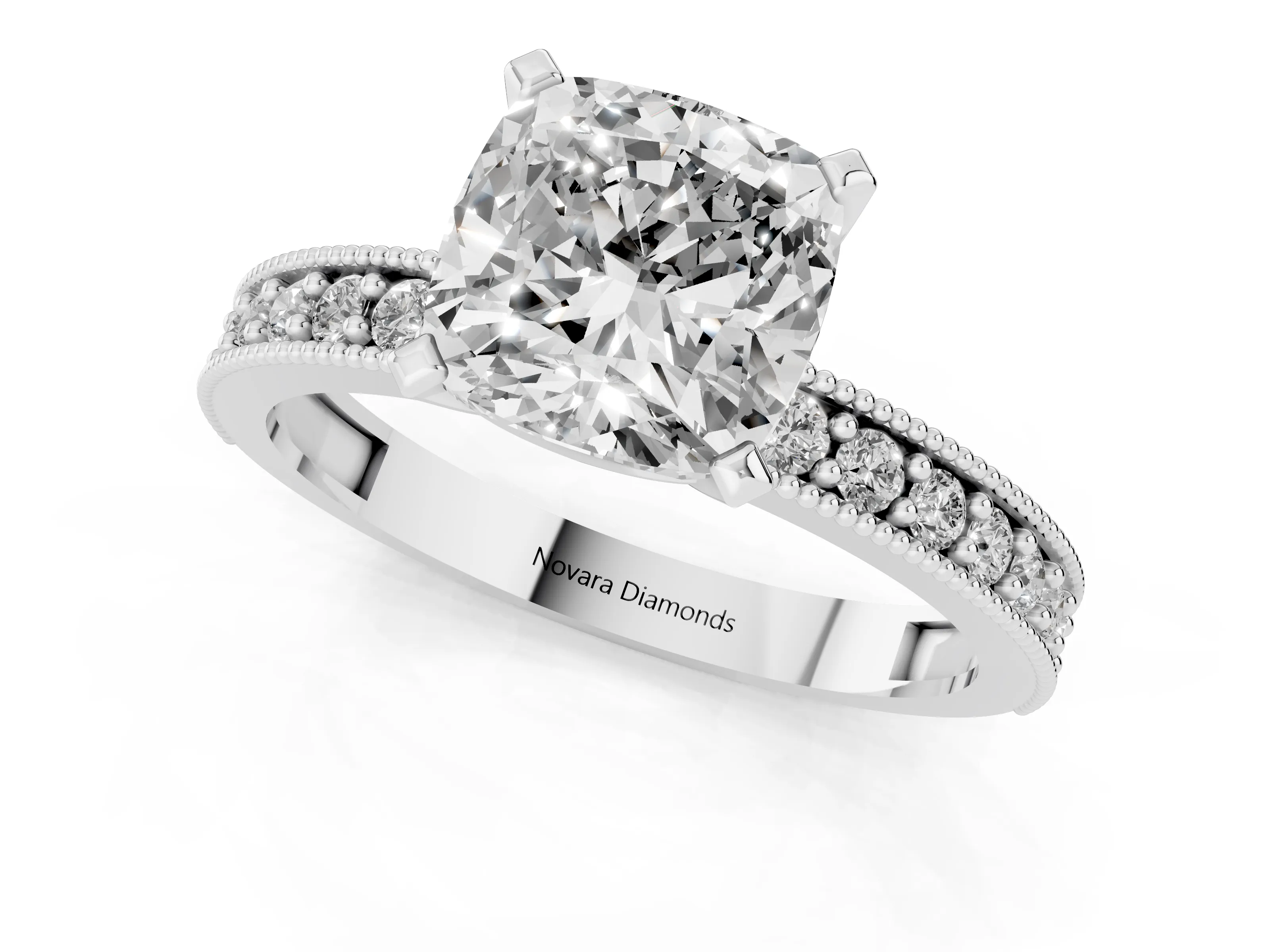 Cushion Cut Diamond Milgrain Pavé Engagement Ring Set in Silver with Prong Setting