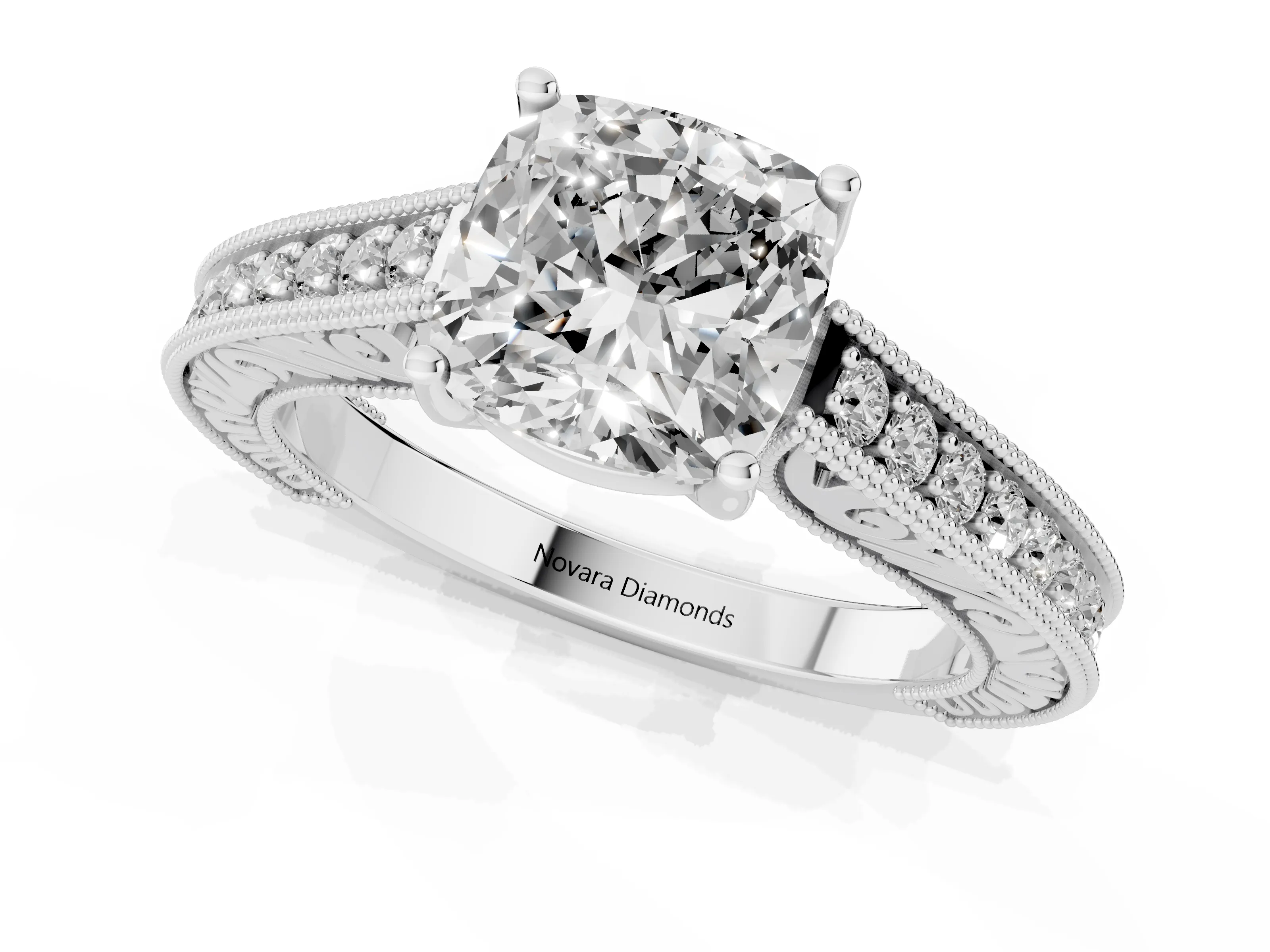 Cushion Cut Diamond Milgrain Pavé Band Solitaire Ring Set in Platinum with Prong Setting