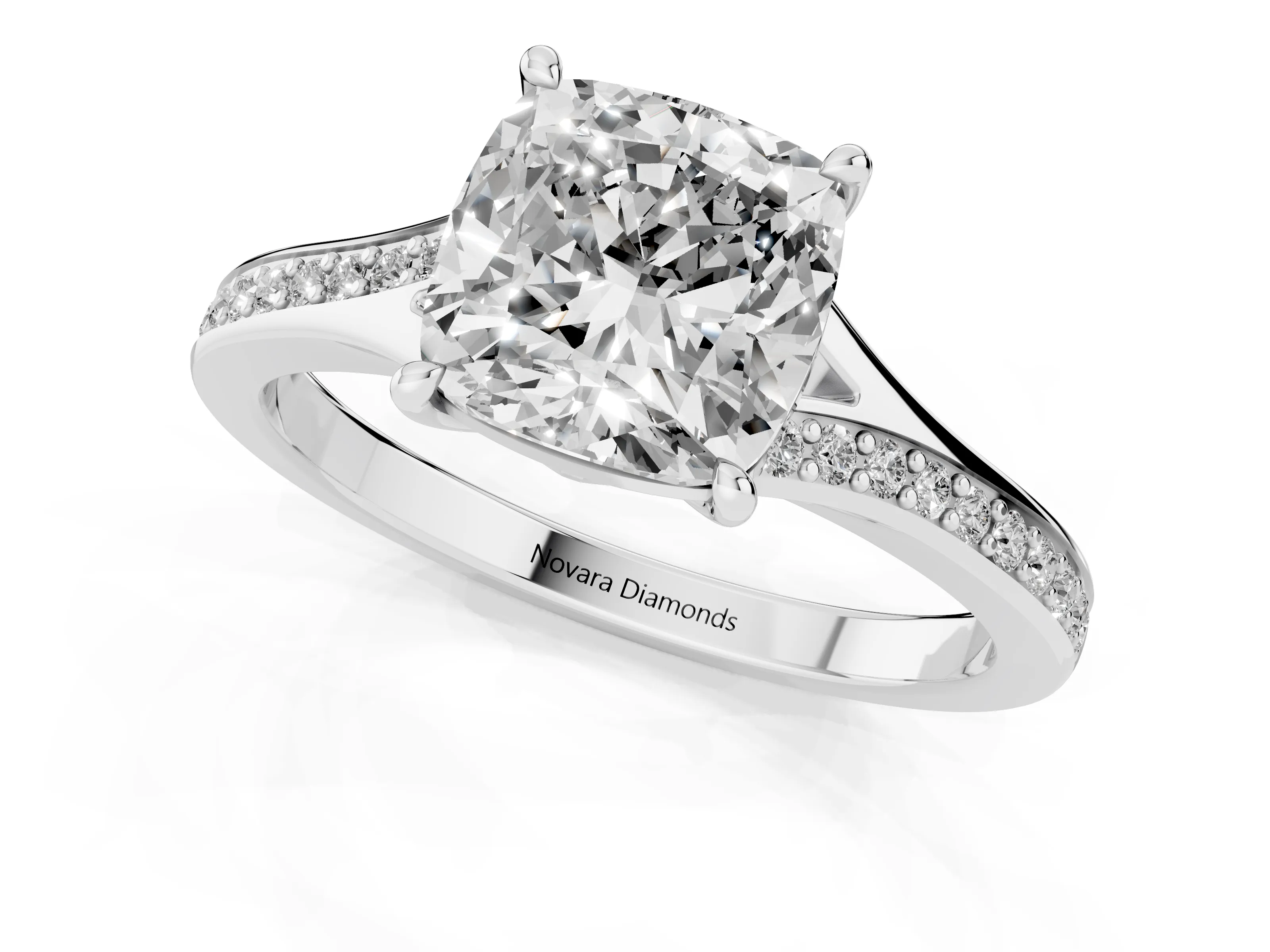 Cushion Cut Diamond Solitaire Ring Set in Silver with Pavé Accent Band and Classic Prong Setting