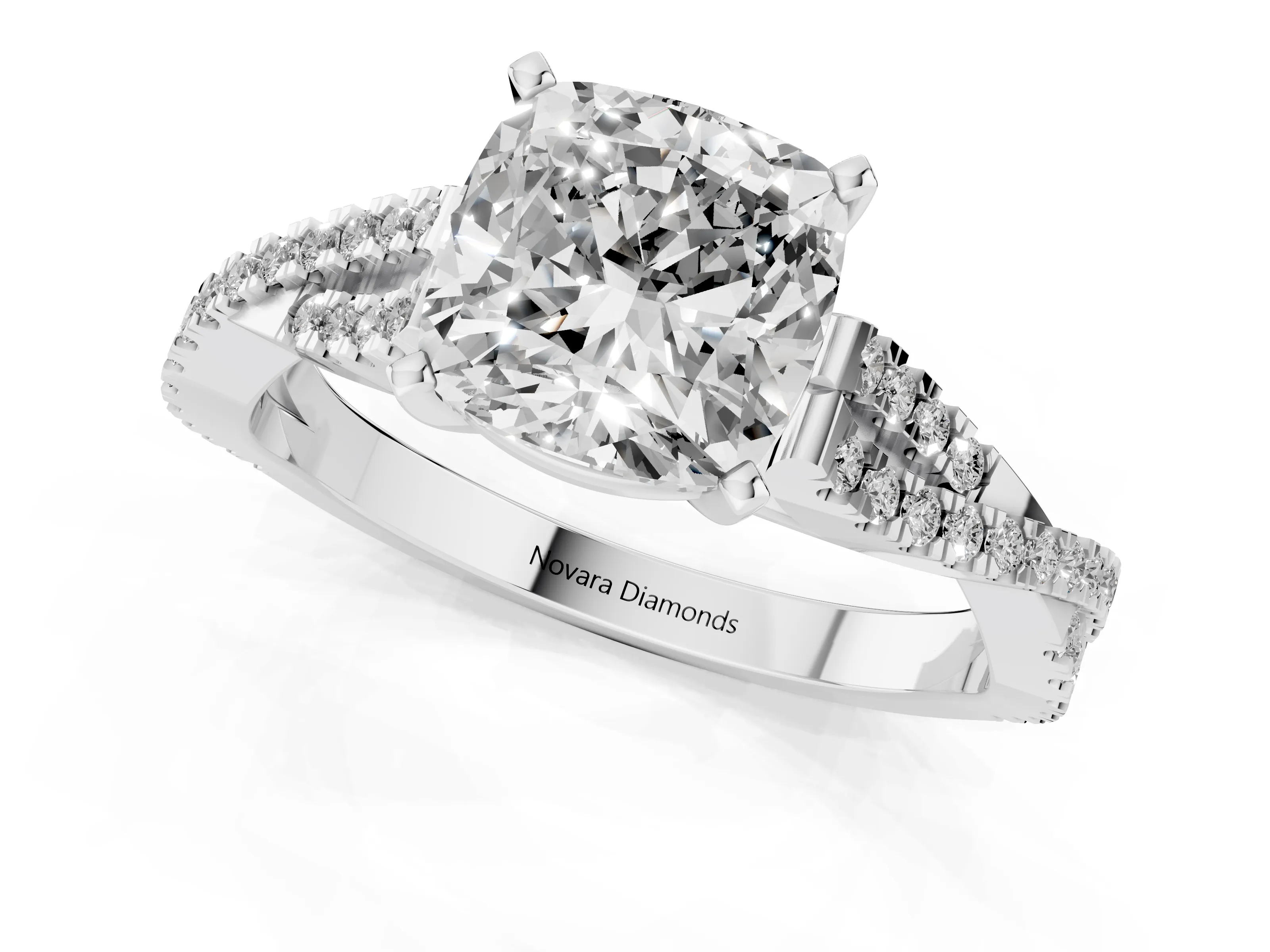 Cushion Cut Diamond Solitaire Engagement Ring Set in Platinum with Twisted Pavé Band and Prong Setting