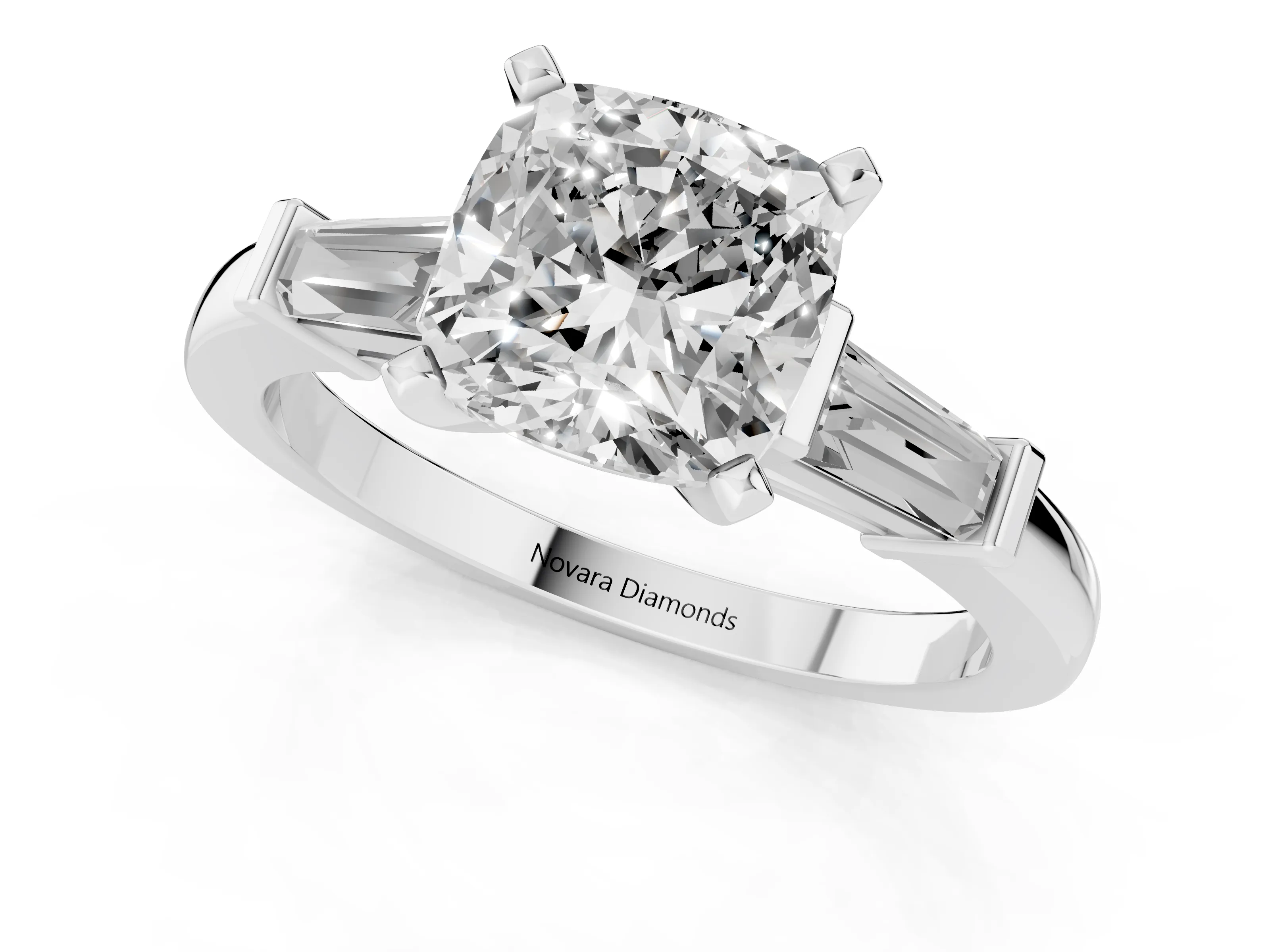 Cushion Cut Diamond Solitaire Ring Set in Silver with Tapered Baguette Accents and Prong Setting