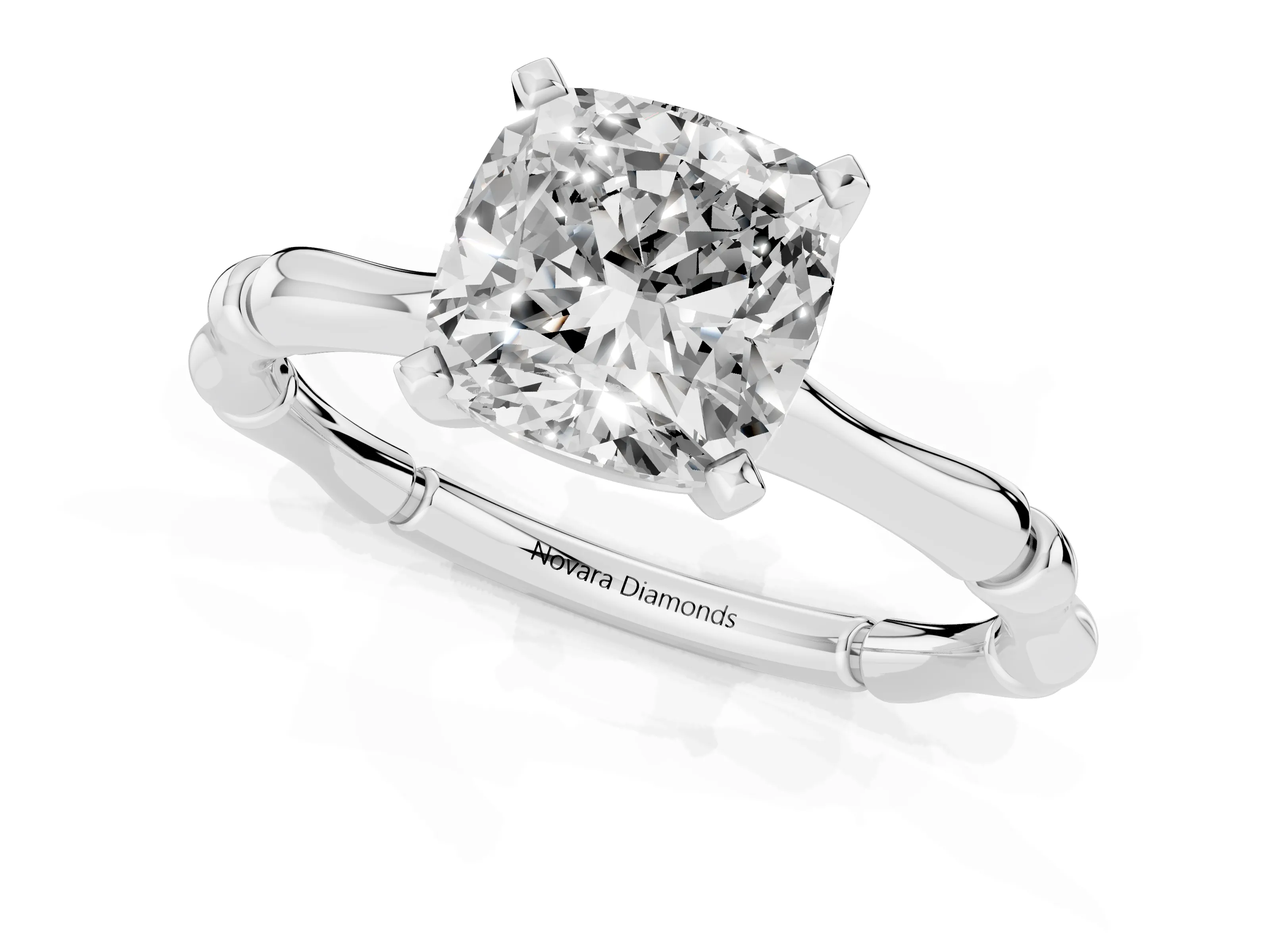 Cushion Cut Diamond Solitaire Ring Set in Silver with Bamboo Band and Prong Setting