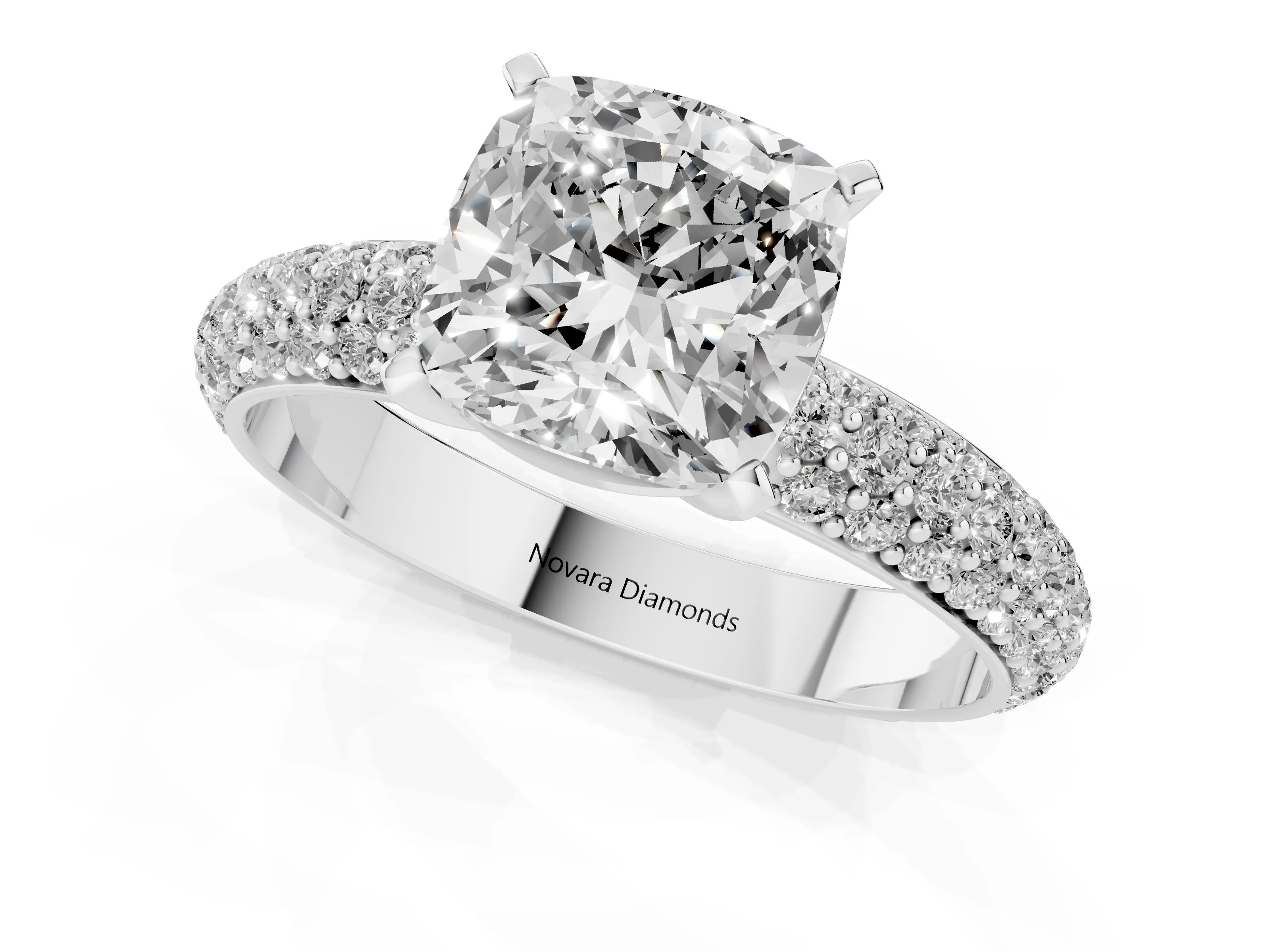 Cushion Cut Diamond Solitaire Ring Set in White gold with Prong Setting and Pavé-Set Band