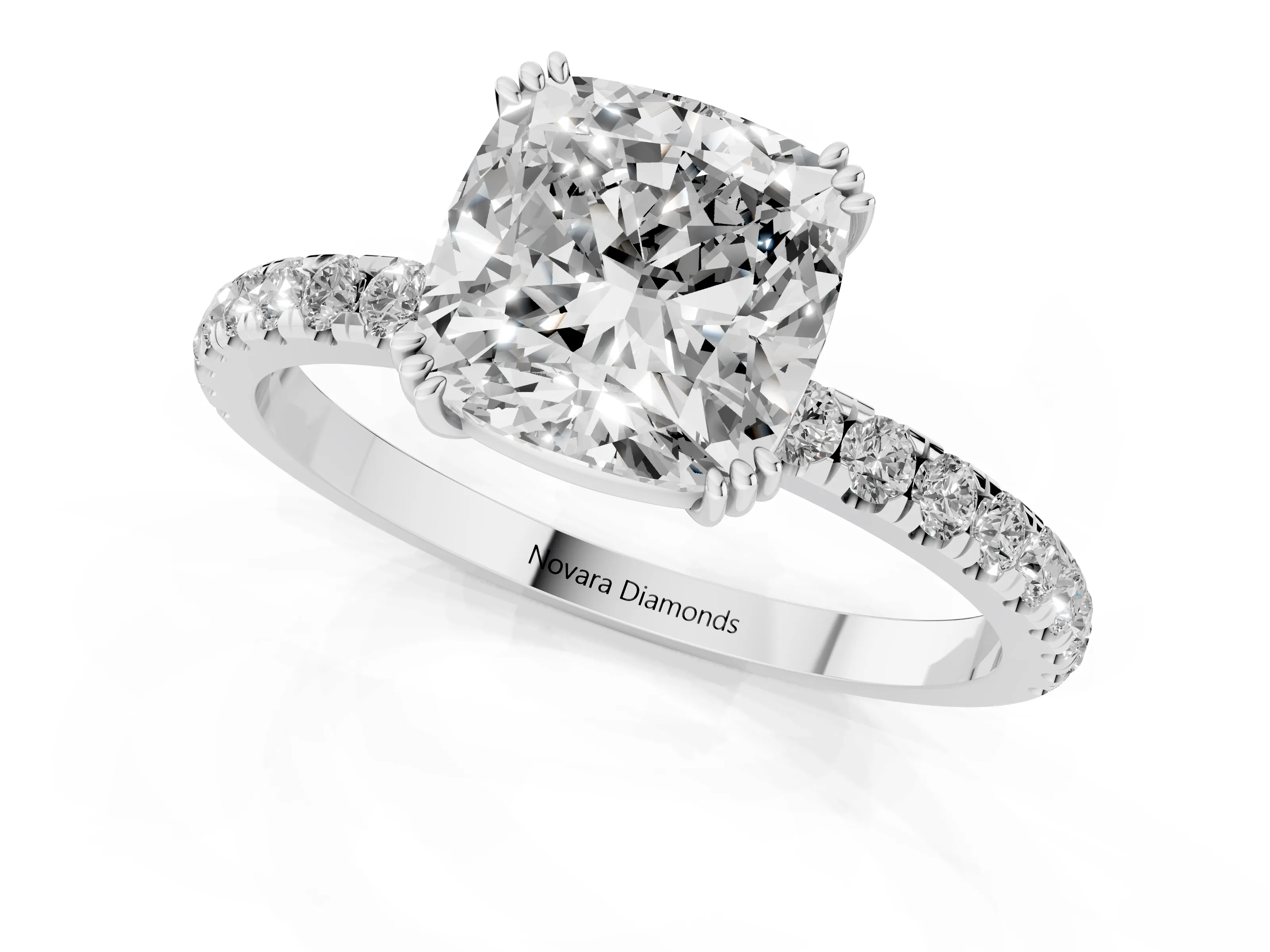 Cushion Cut Diamond Brilliant Solitaire Set in Silver with Pavé Band and Claw Prong Setting