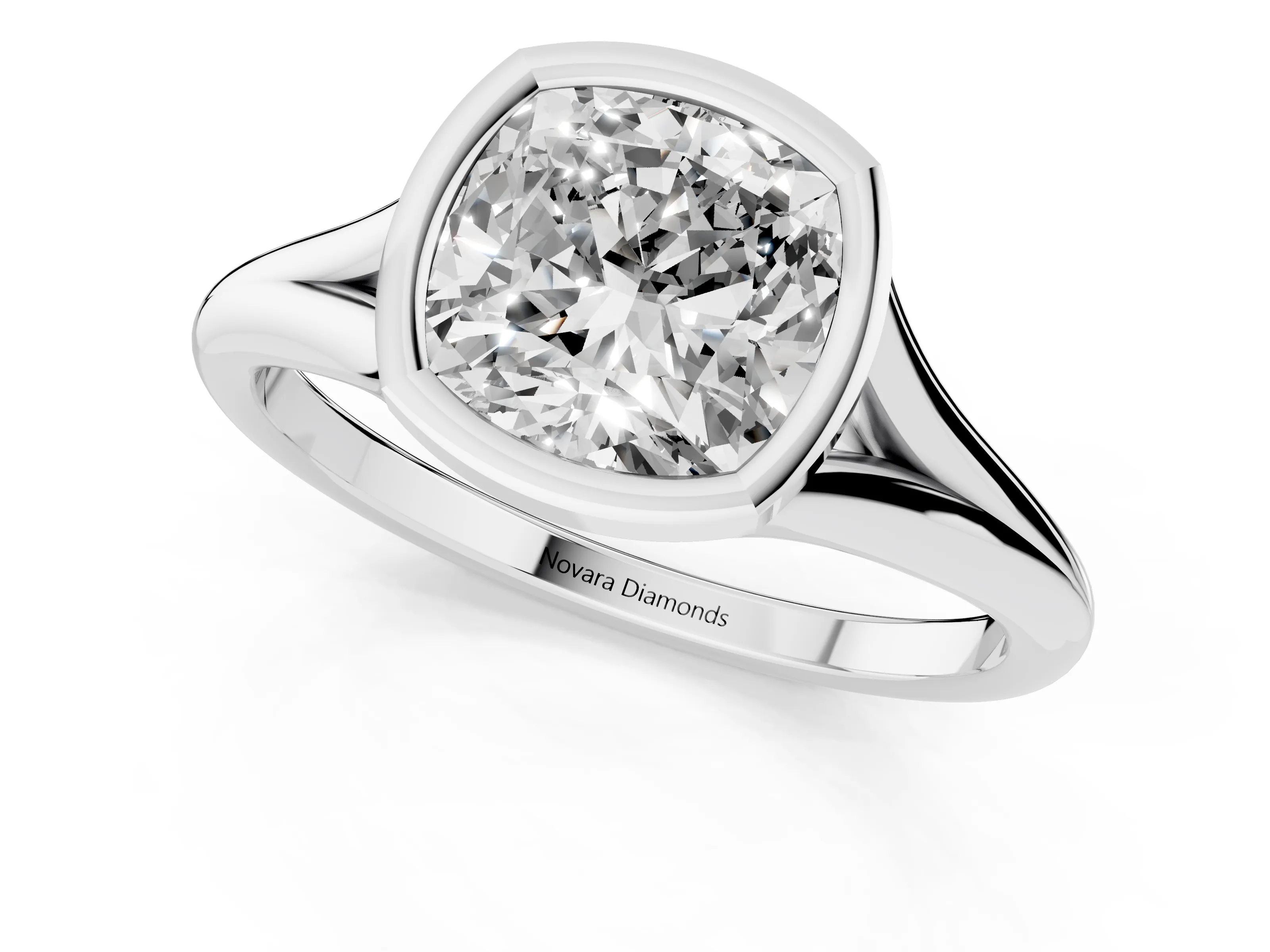 Bezel Set Cushion Cut Diamond Solitaire Ring Set in Platinum with Tapered Band