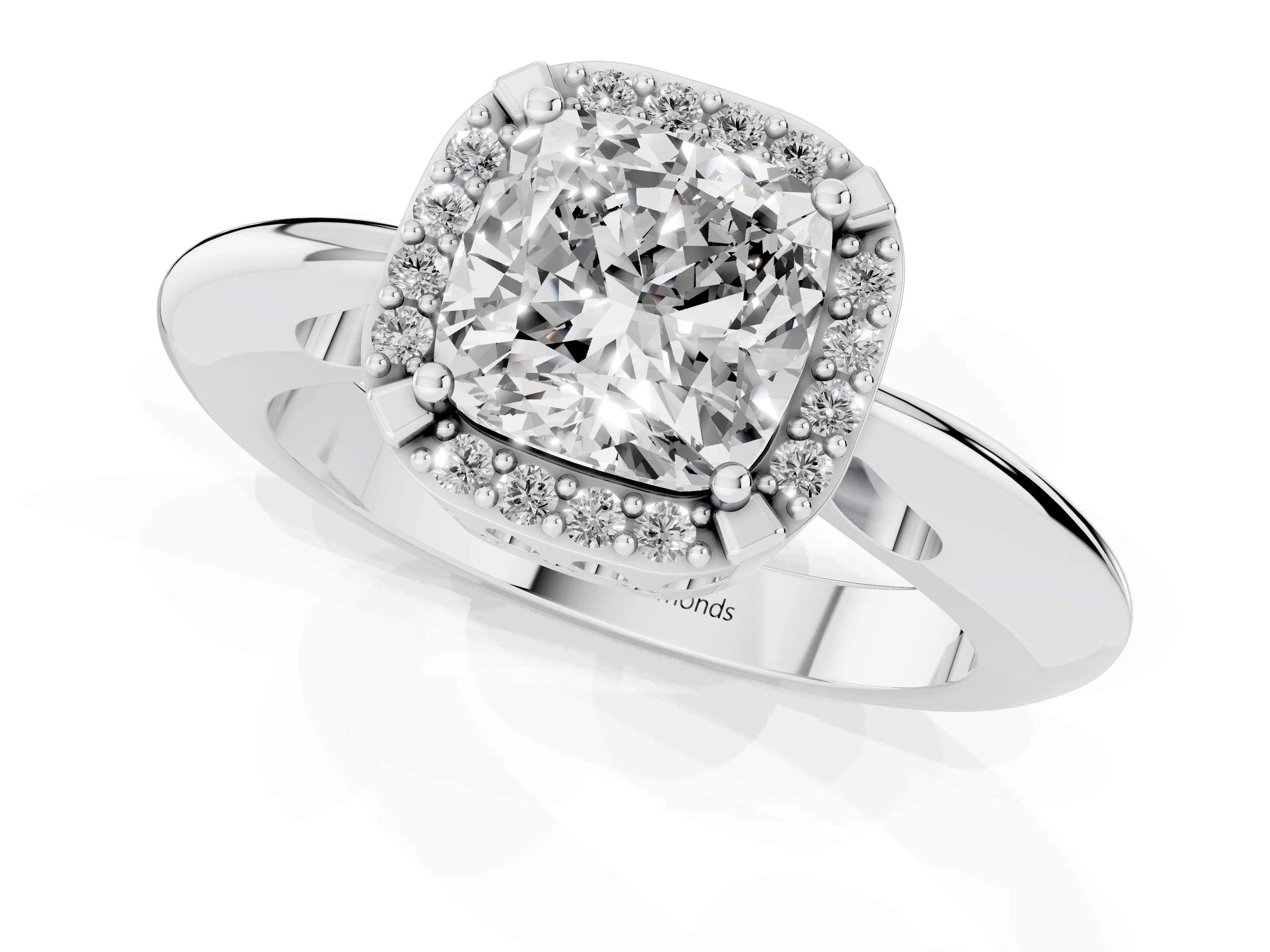 Cushion Cut Diamond Halo Engagement Ring Set in Platinum with Plain Split Shank and Prong Setting