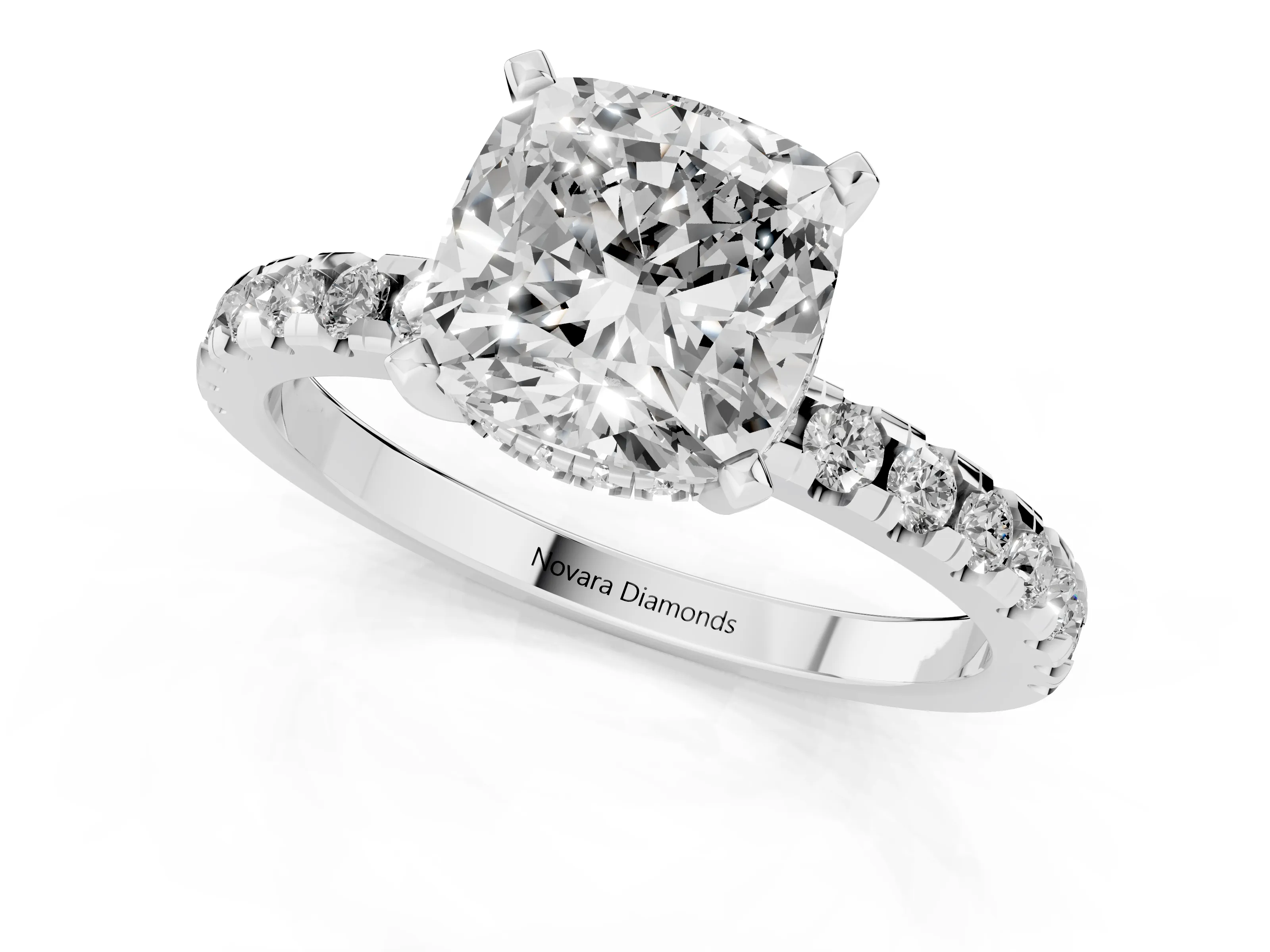 Cushion Cut Diamond Pavé Solitaire Ring Set in Platinum with Round Band Accents and Prong Setting – second view