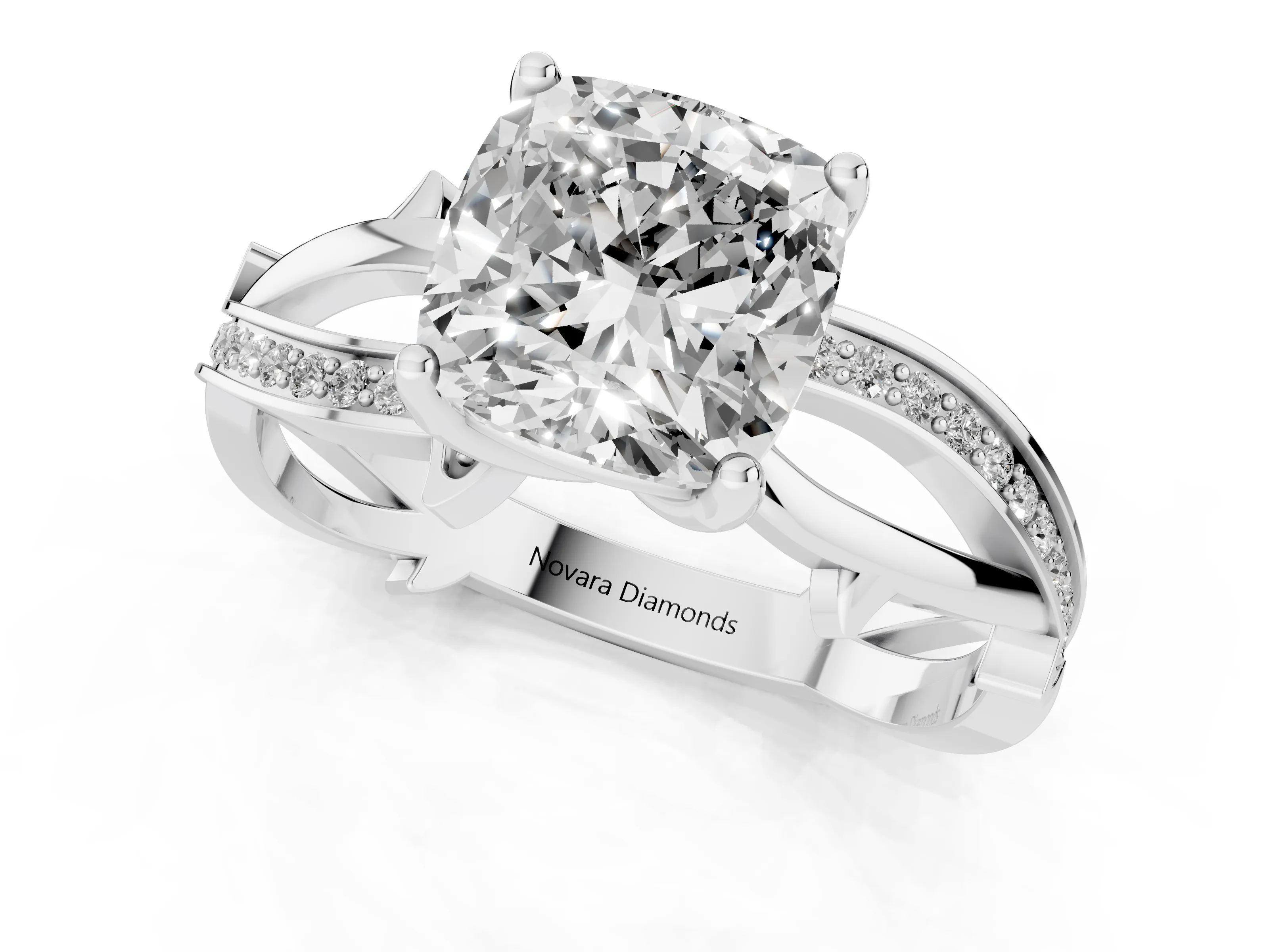 Cushion Cut Diamond Pavé Twist Band Solitaire Ring Set in Platinum with Prong Setting