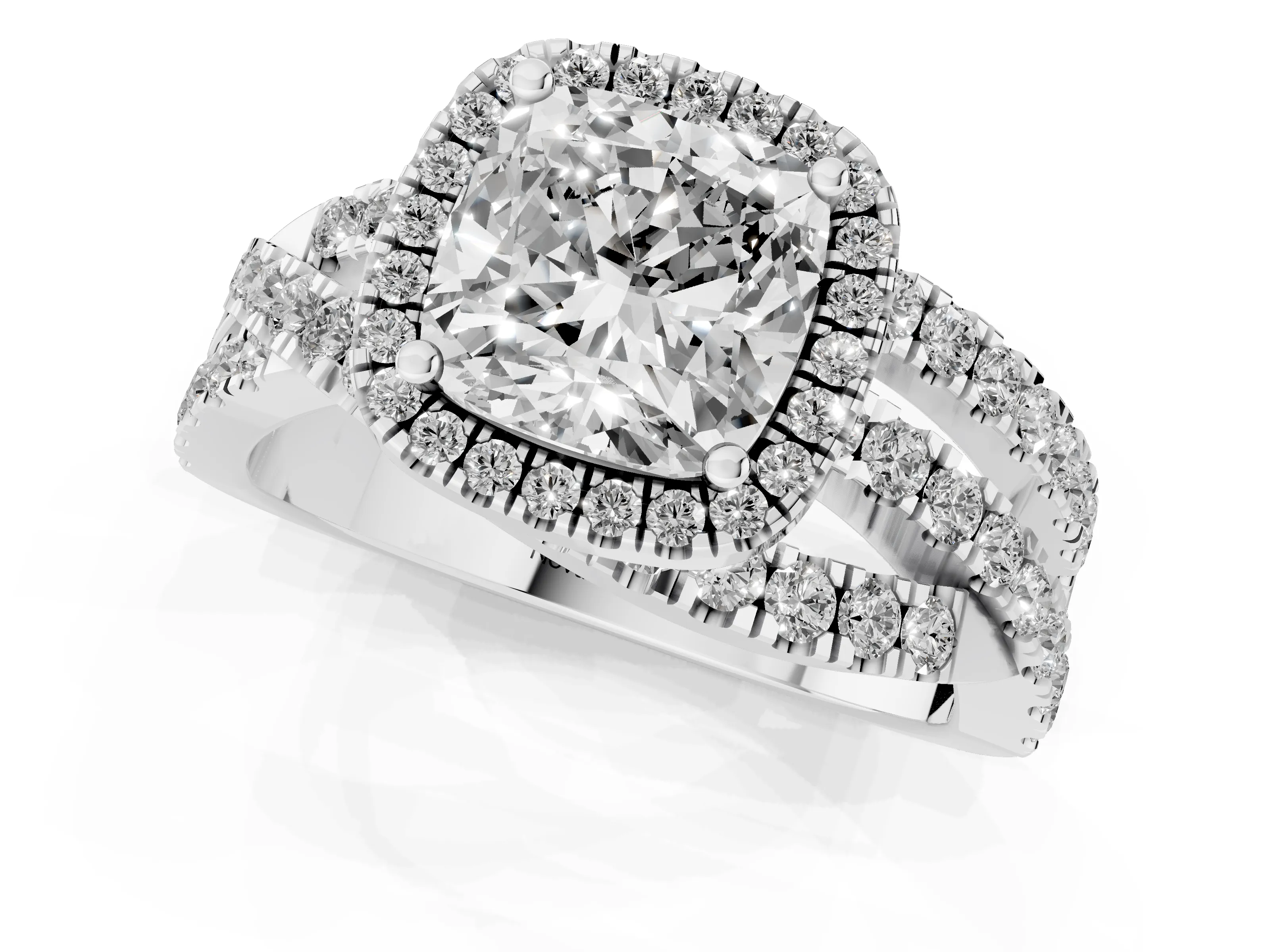 Cushion Cut Diamond Halo Ring Set in Platinum with Round Crossover Split Shank and Prong Setting