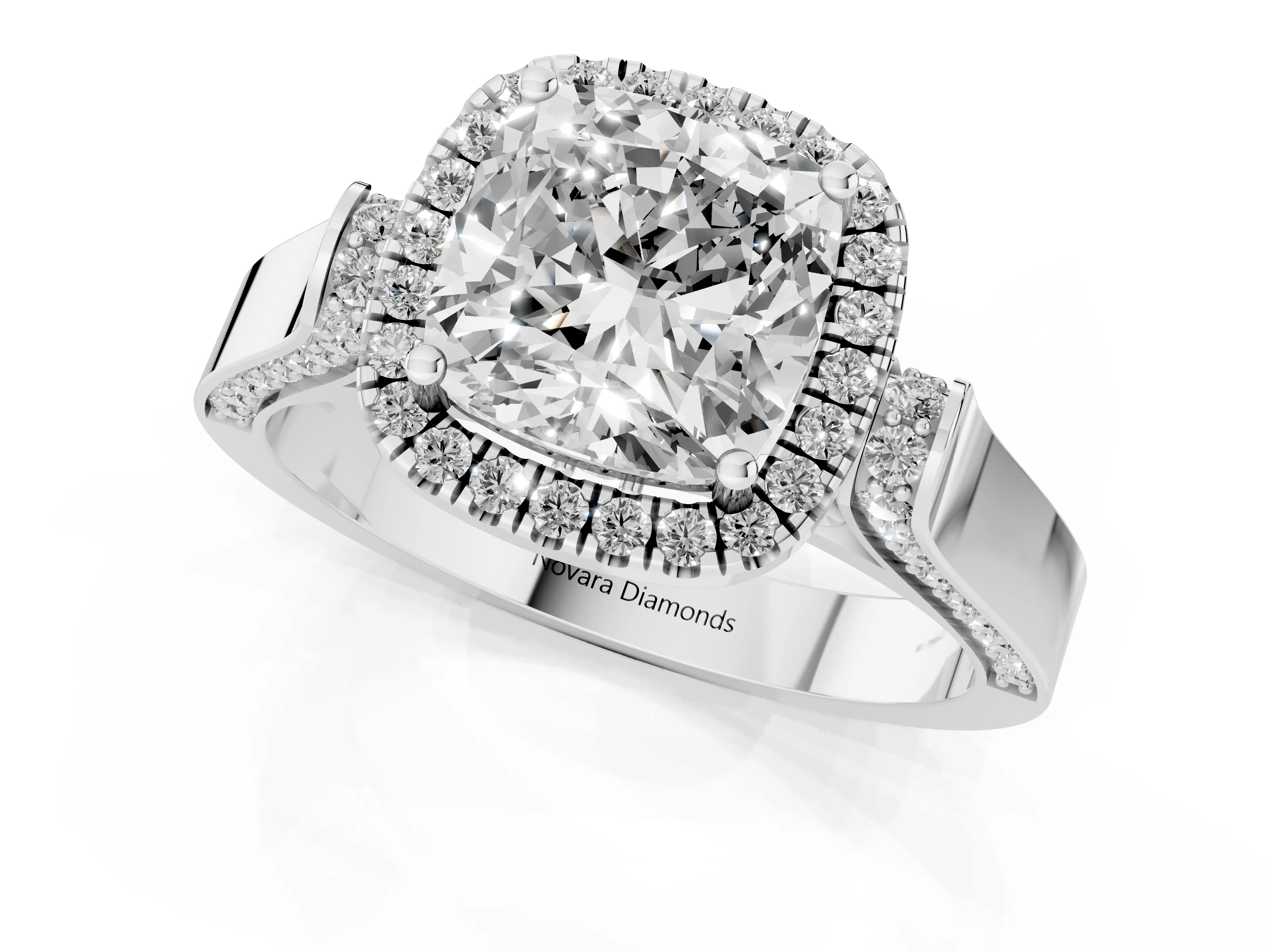 Cushion Cut Diamond Halo Ring Set in Silver with Pavé-Lined Split Shank Band