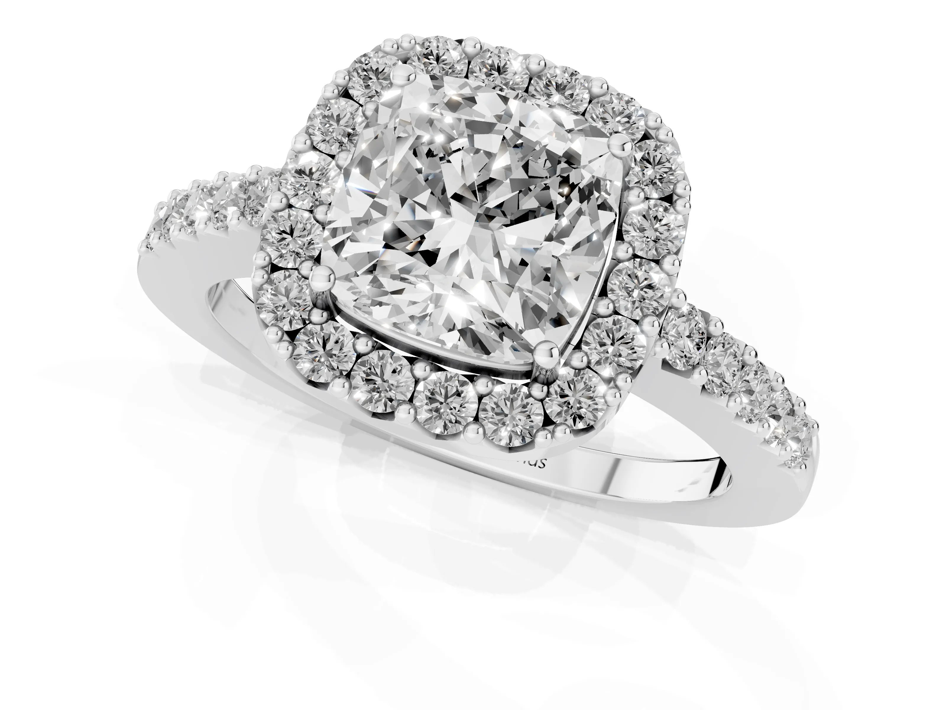 Cushion Cut Diamond Halo Pavé Solitaire Ring Set in Platinum with Prong-Set Center Stone