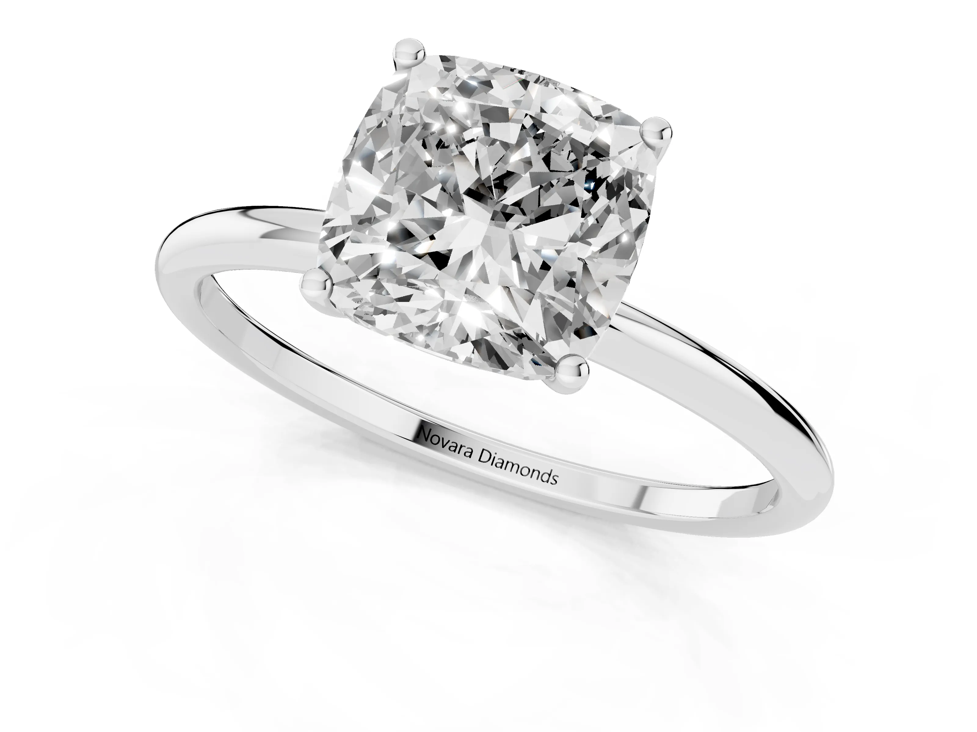 Cushion Cut Diamond Solitaire Engagement Ring Set in Silver with Thin Band and Prong Setting