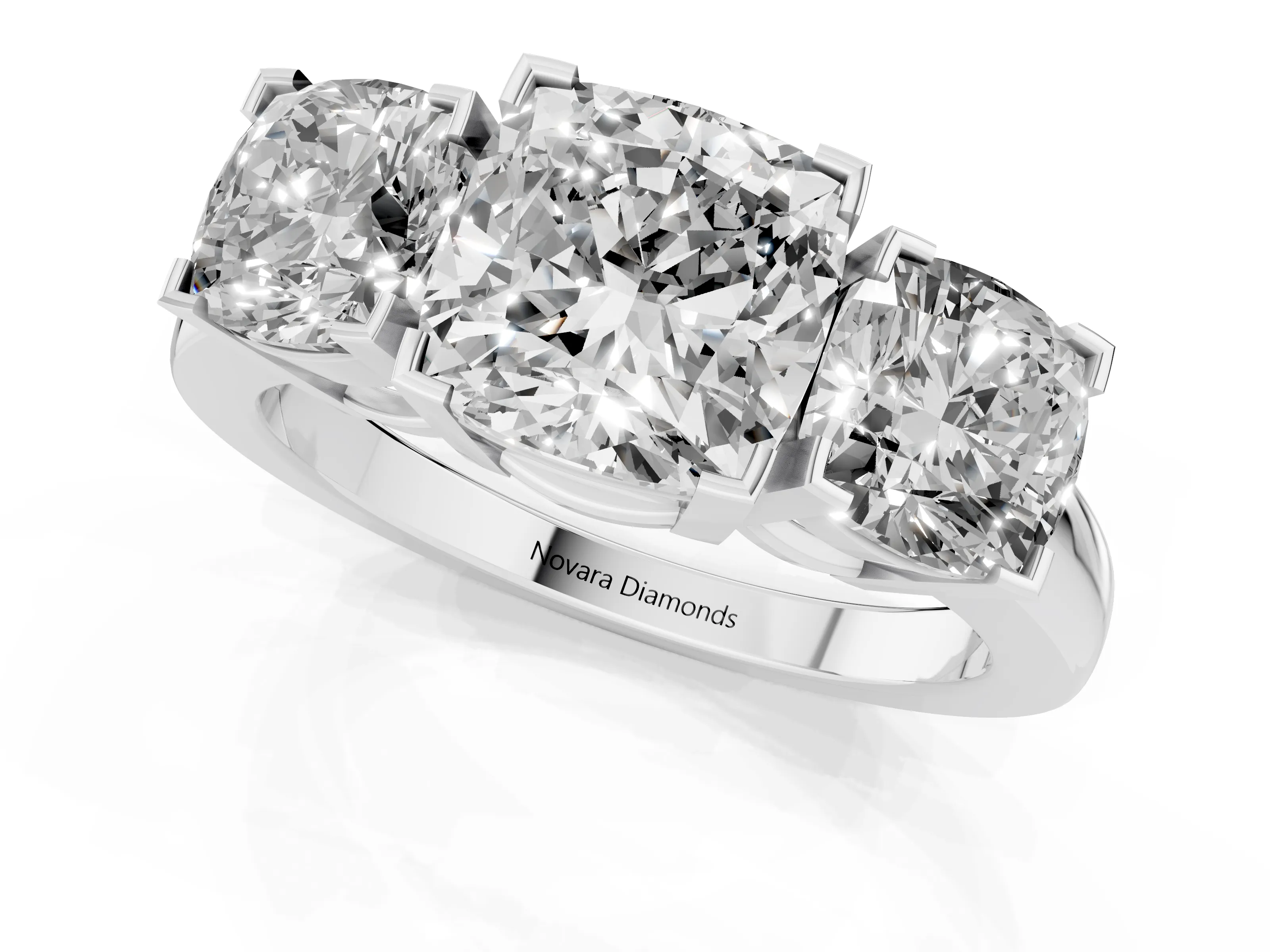 Cushion Cut Diamond Three-Stone Ring Set in Silver with Channel-Set Band and Prong Settings