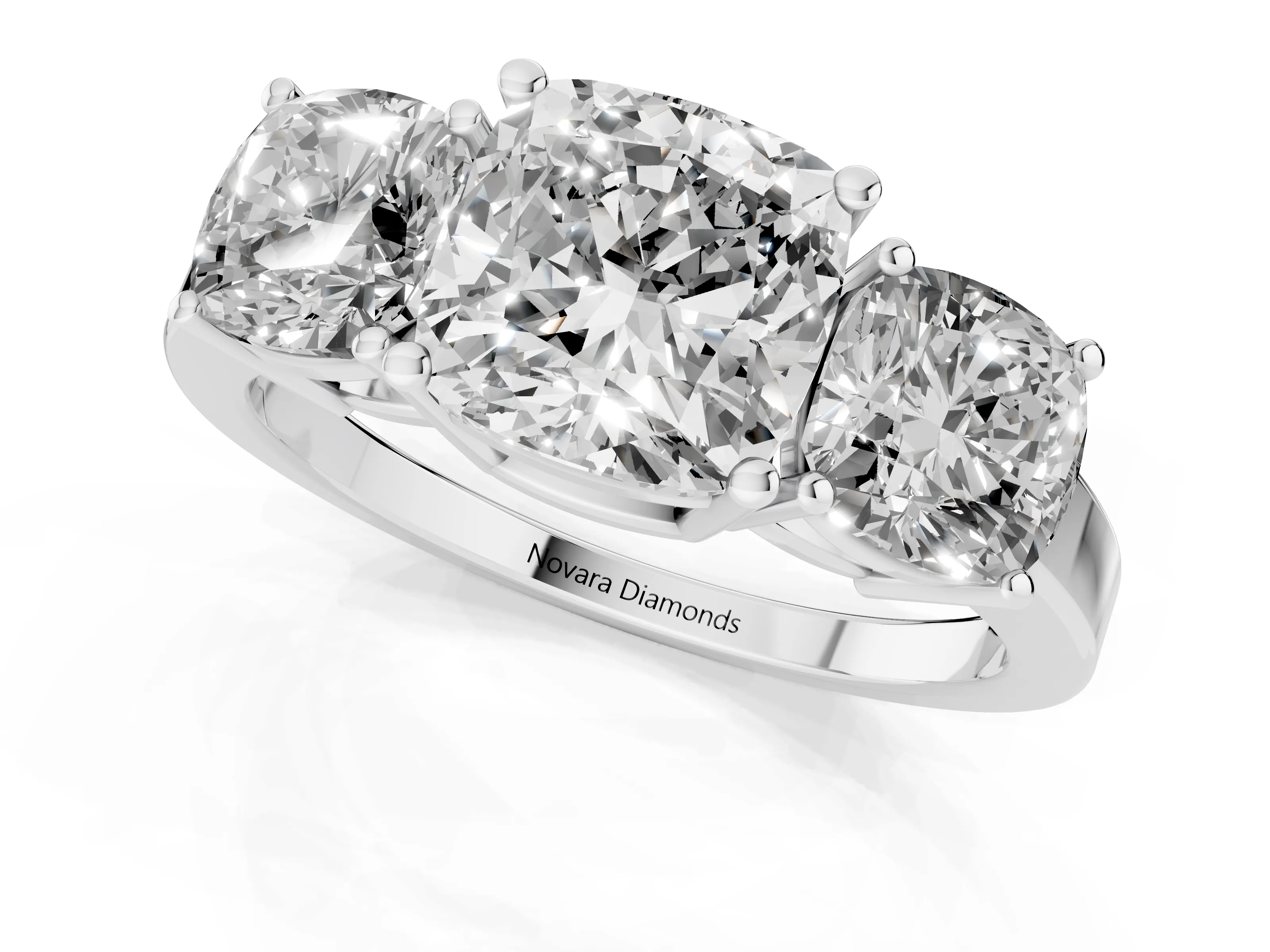 Cushion Cut Diamond Three-Stone Engagement Ring Set in White gold with Flat Band