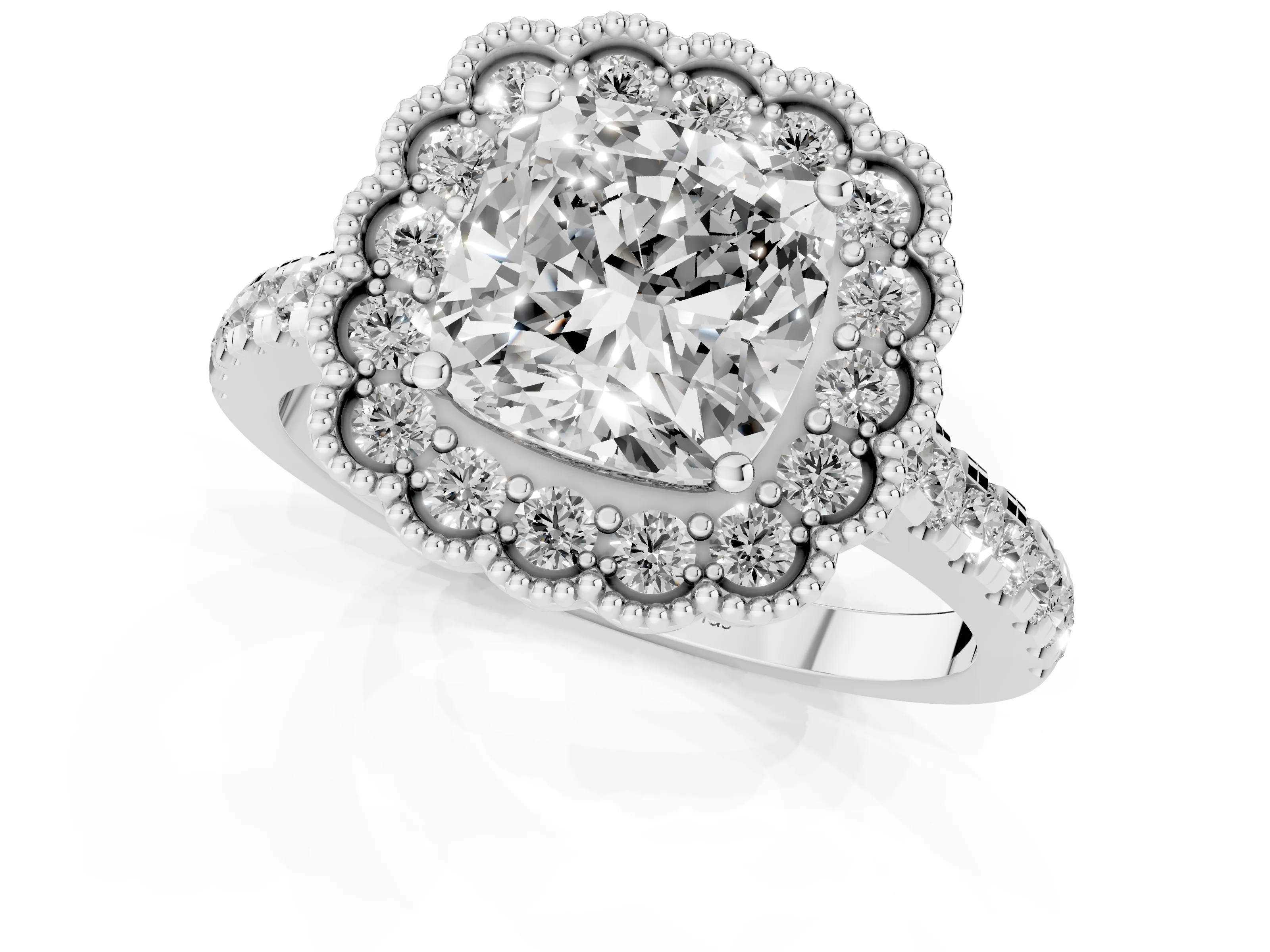 Cushion Cut Diamond Milgrain Floral Halo Engagement Ring Set in Platinum with Pavé Band