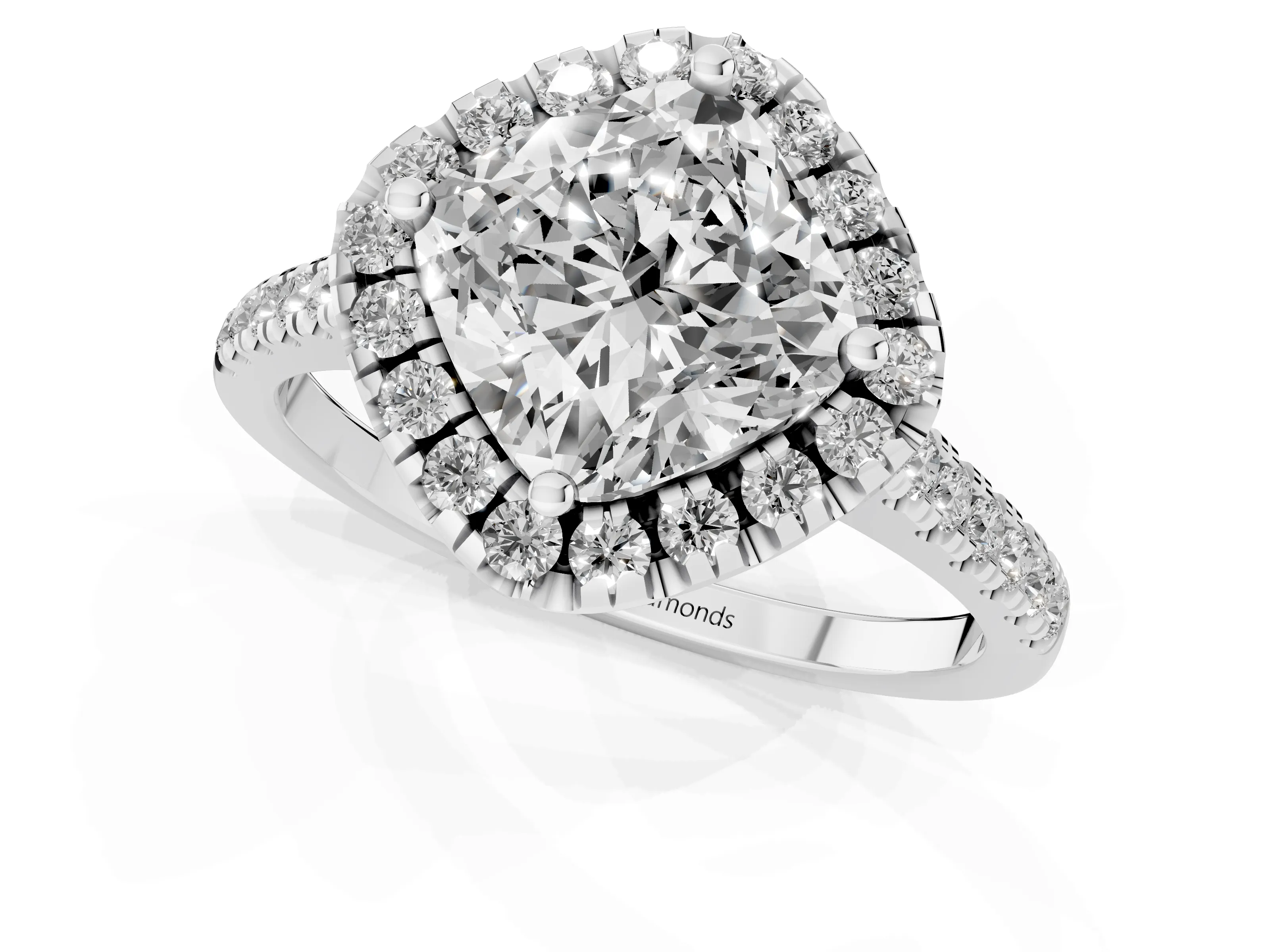 Cushion Cut Diamond Cushion Halo Ring Set in White gold with Pavé Band