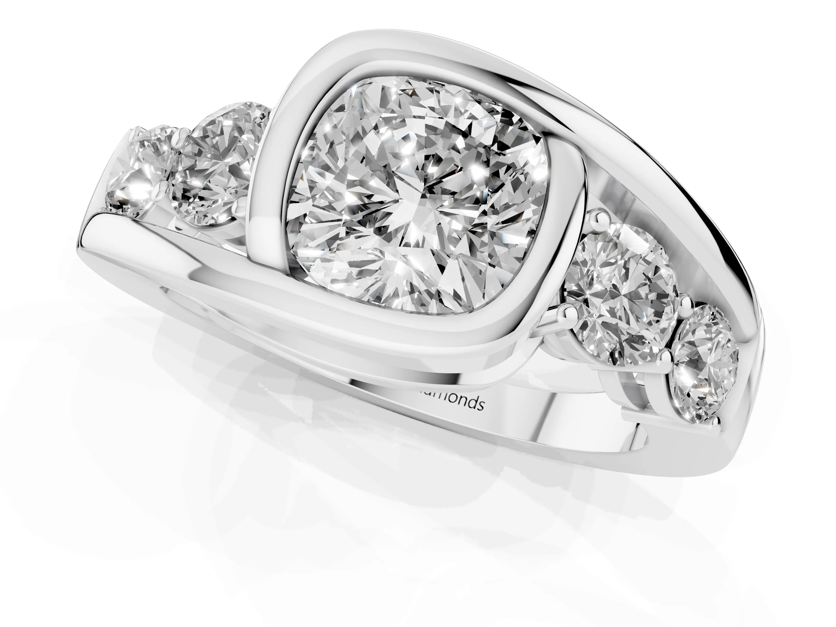 Cushion Cut Diamond Bezel Bypass Ring Set in Platinum with Round Accents