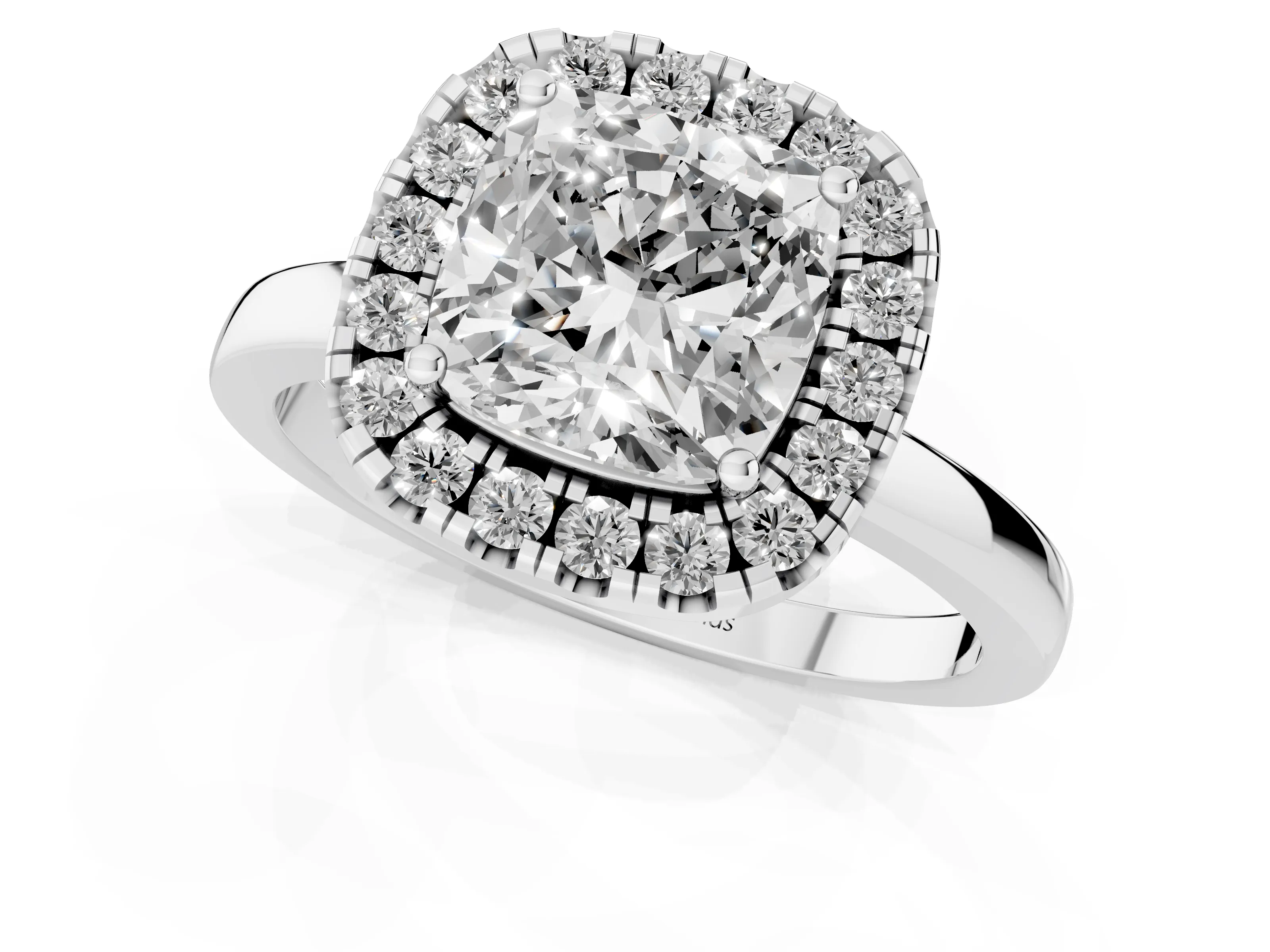 Cushion Cut Diamond Halo Solitaire Ring Set in White gold with Pavé Band and Prong Setting