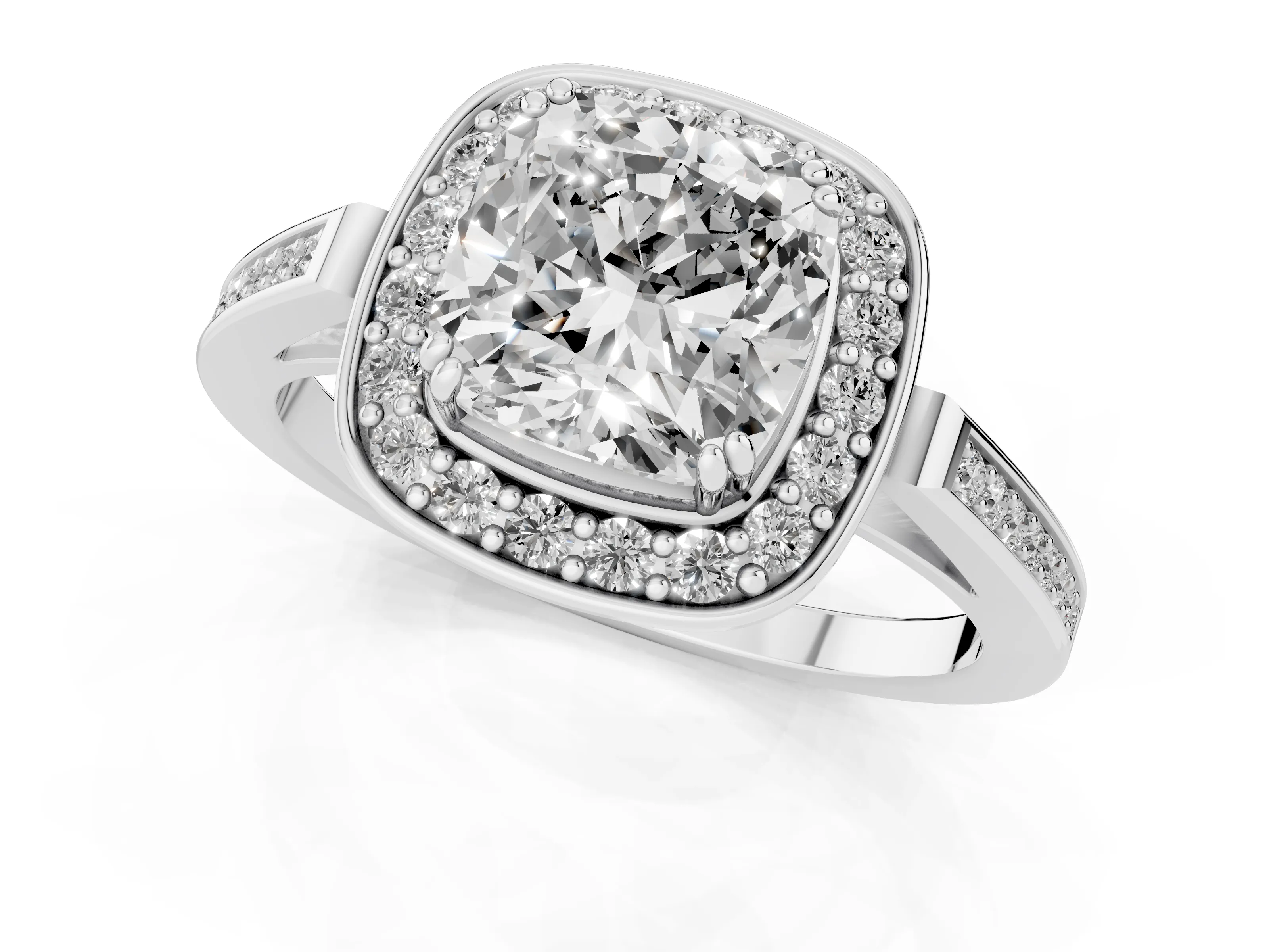 Cushion Cut Diamond Halo Ring Set in White gold with Accent-Lined Split Shank and Prong Setting – second view