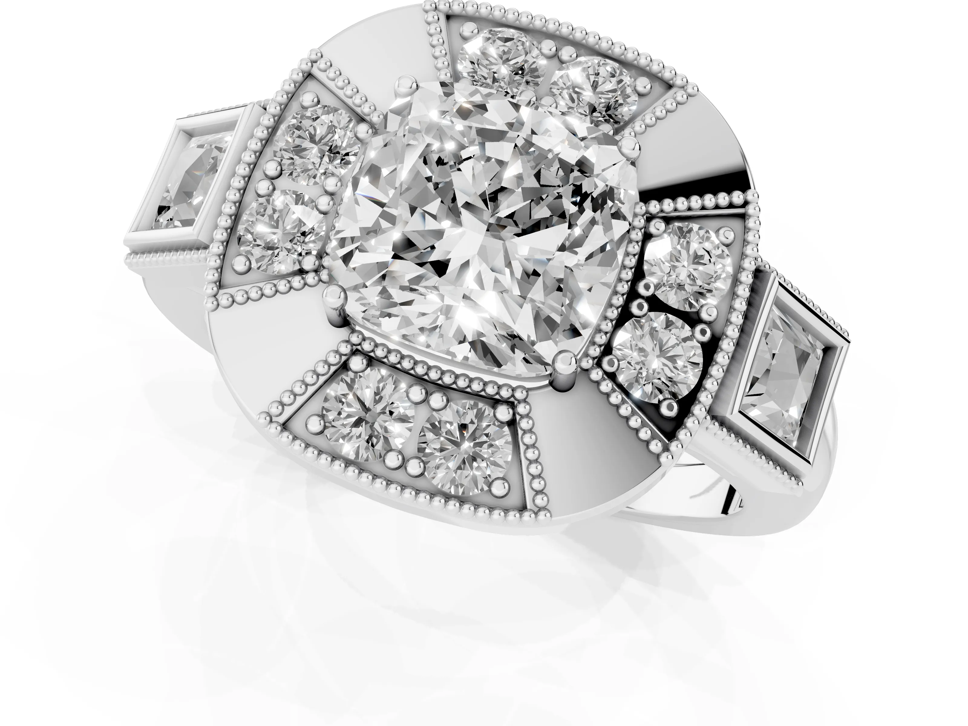 Cushion Cut Diamond Milgrain Halo Ring Set in Silver with Split Shank