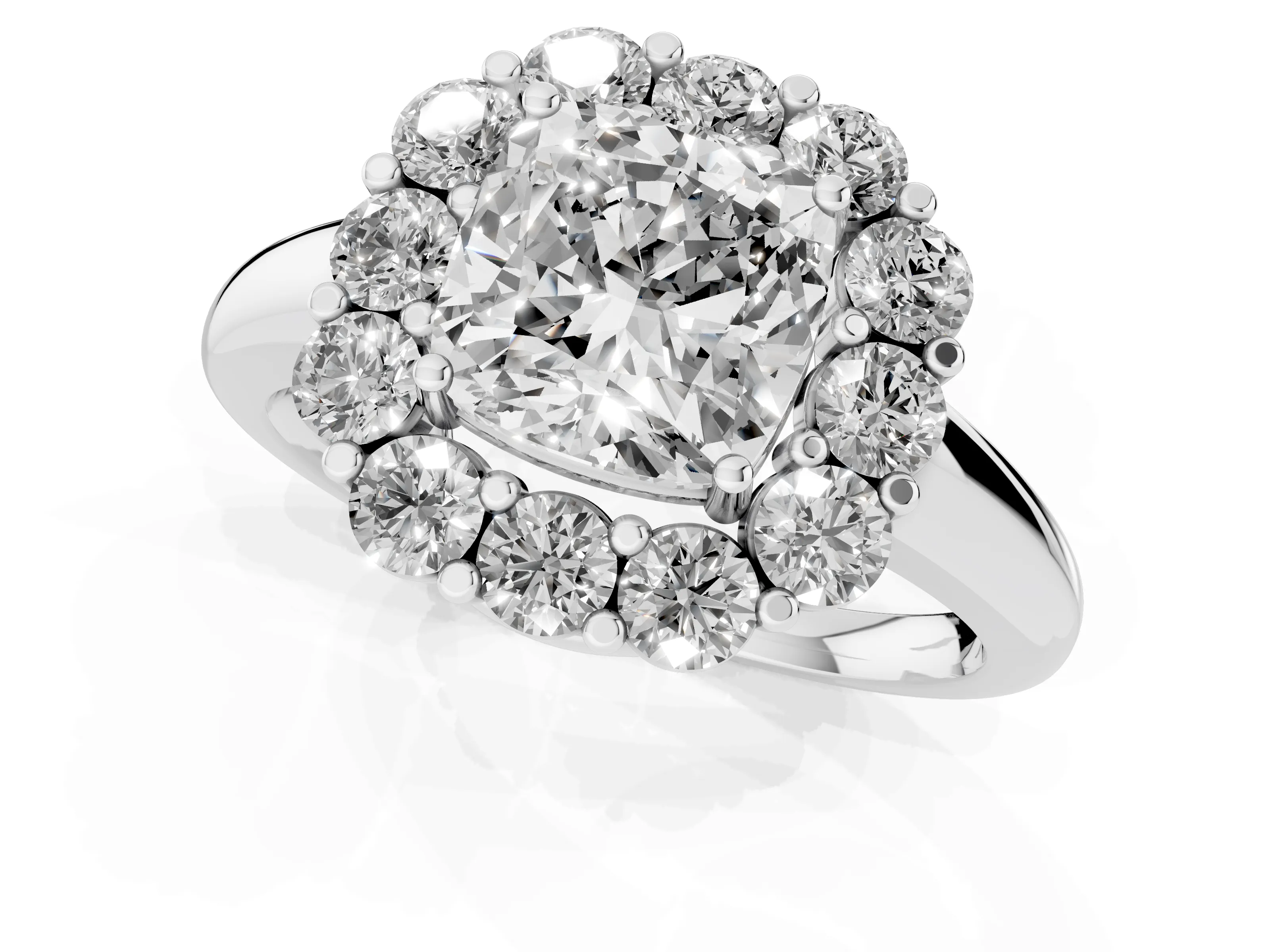 Cushion Cut Diamond Halo Cluster Engagement Ring Set in White gold with Polished Band and Prong Setting