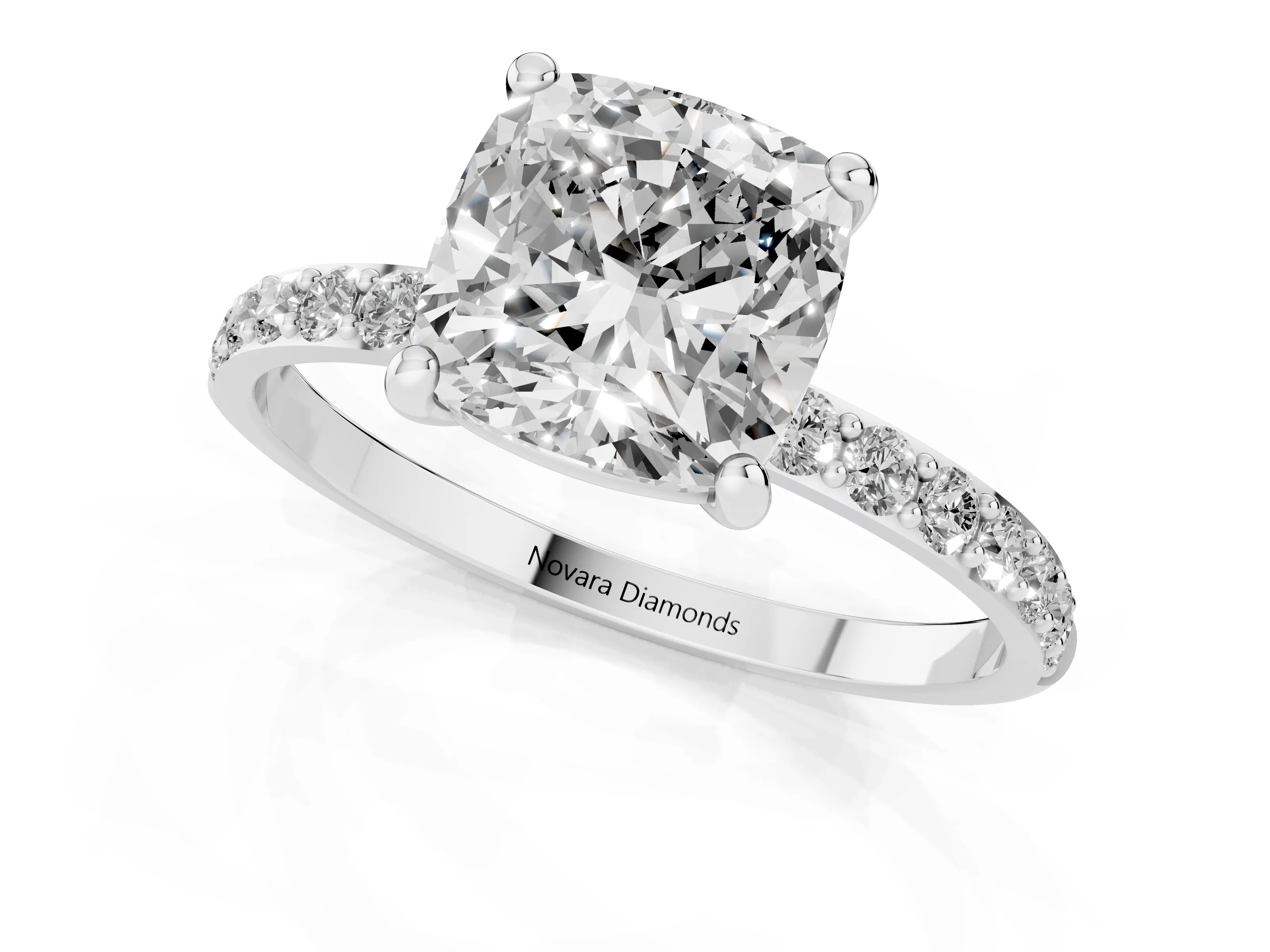 Cushion Cut Diamond Solitaire Ring Set in Platinum with Round Pavé Band and Prong Setting