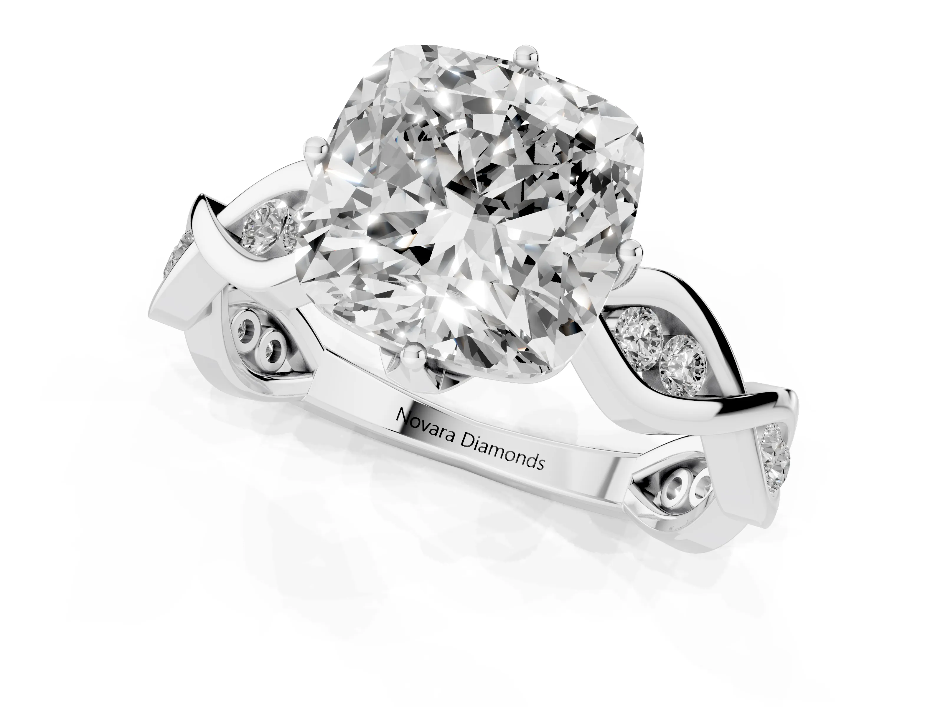 Cushion Cut Diamond Twist Band Solitaire Ring Set in Silver with Leaf Prong Setting and Accent Stones