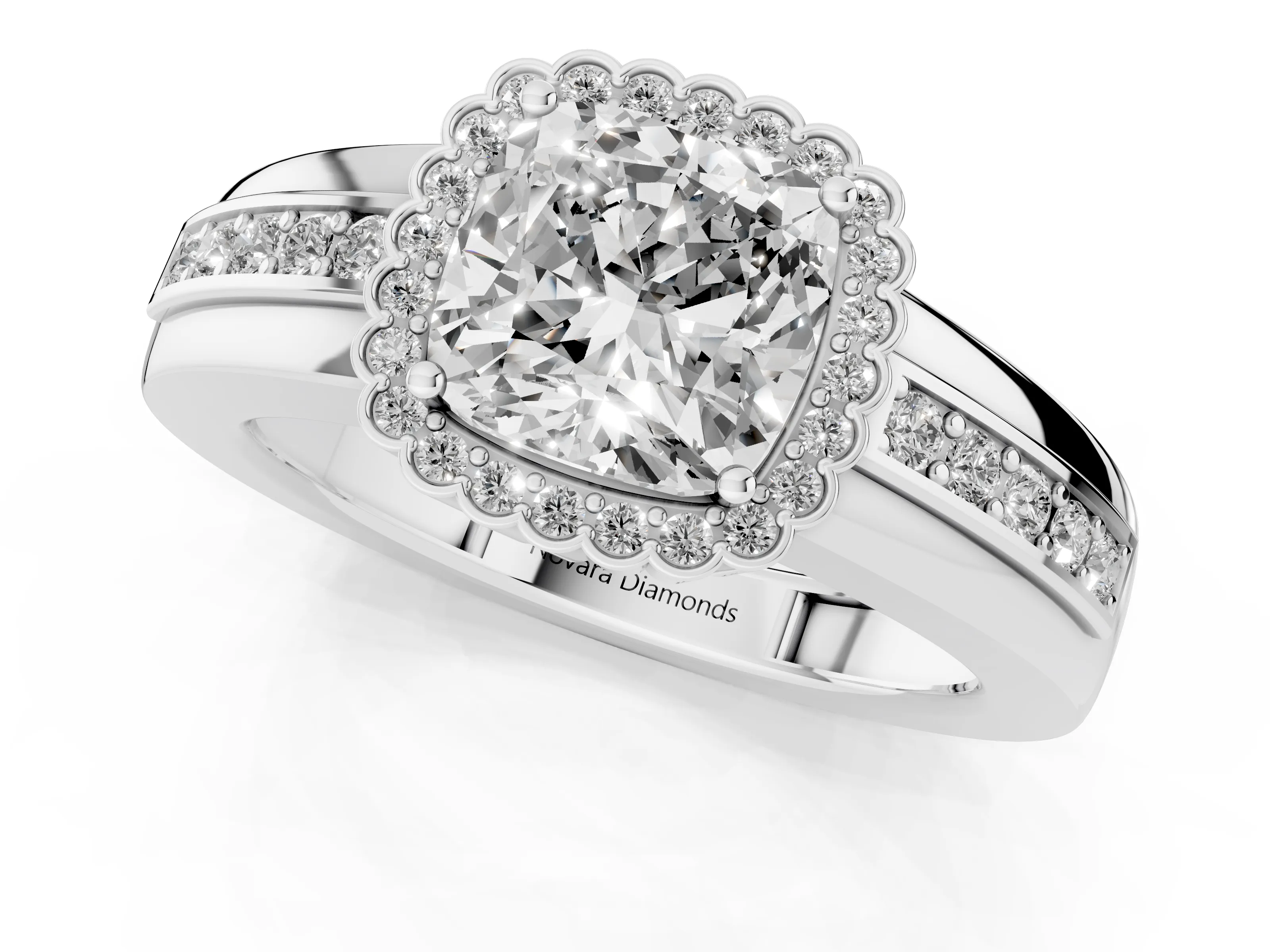 Cushion Cut Diamond Halo Prong Ring Set in Platinum with Pavé Band – second view