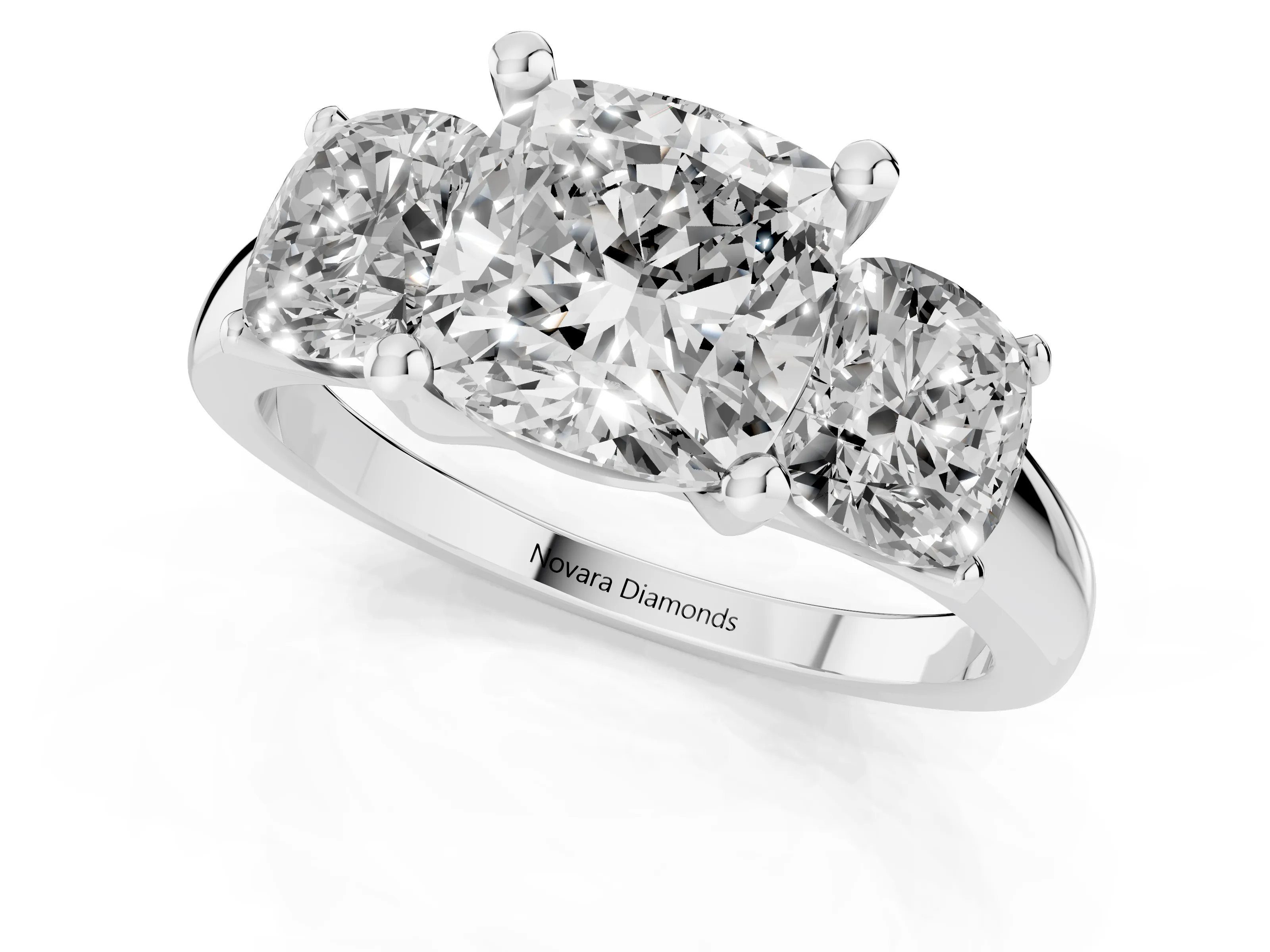 Cushion Cut Diamond Three-Stone Ring Set in White gold with Classic Prong Setting and Plain Band – second view