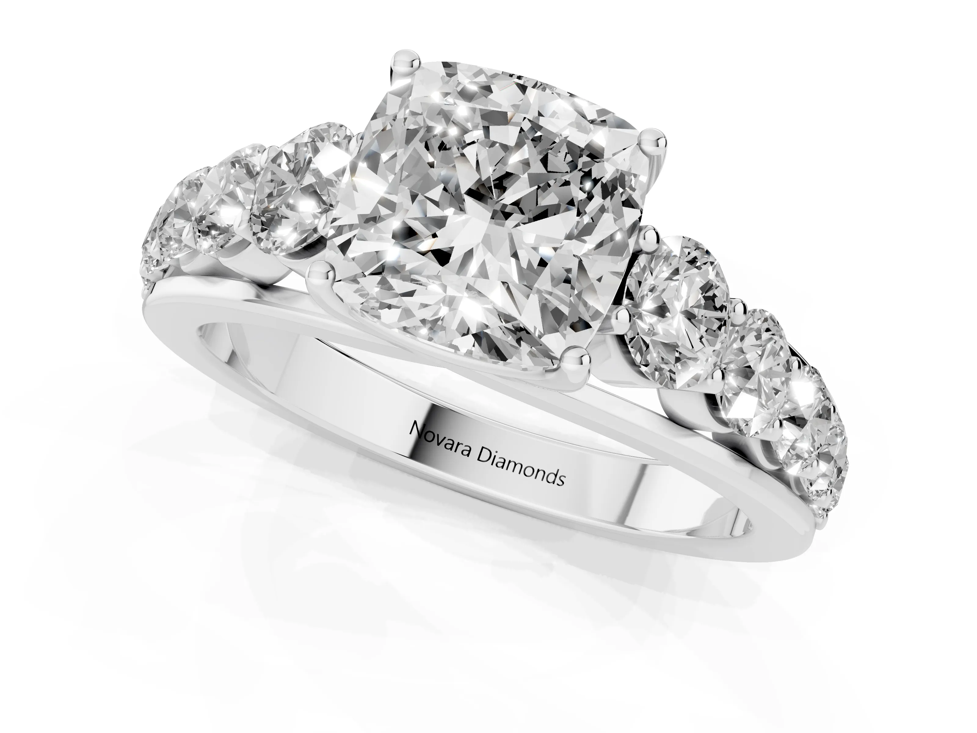 Cushion Cut Diamond Solitaire Ring Set in White gold with Pavé-Set Band and Prong Setting