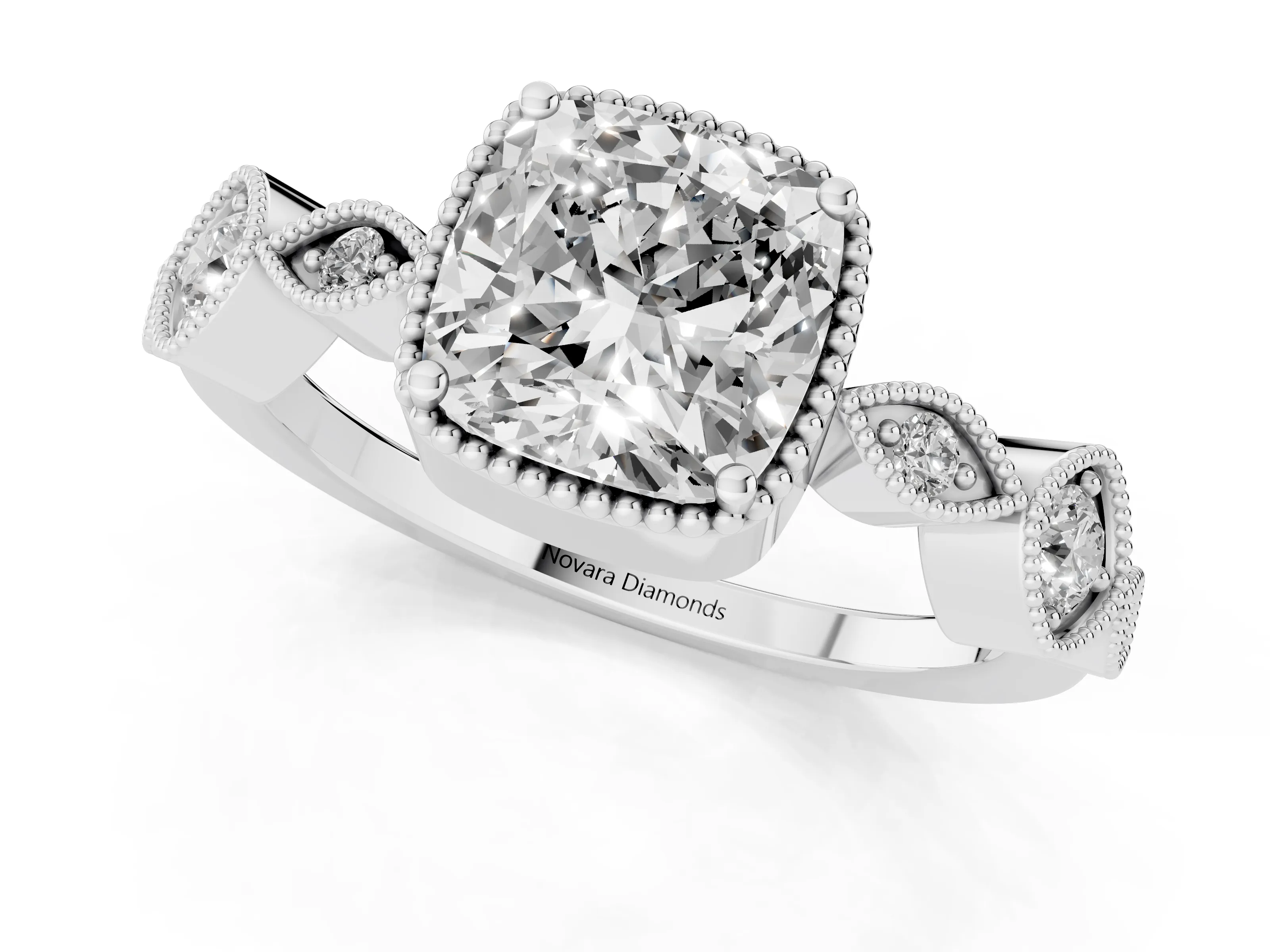 Cushion Cut Diamond Vintage-Inspired Milgrain Ring Set in Platinum with Marquise Stations of Round Accents