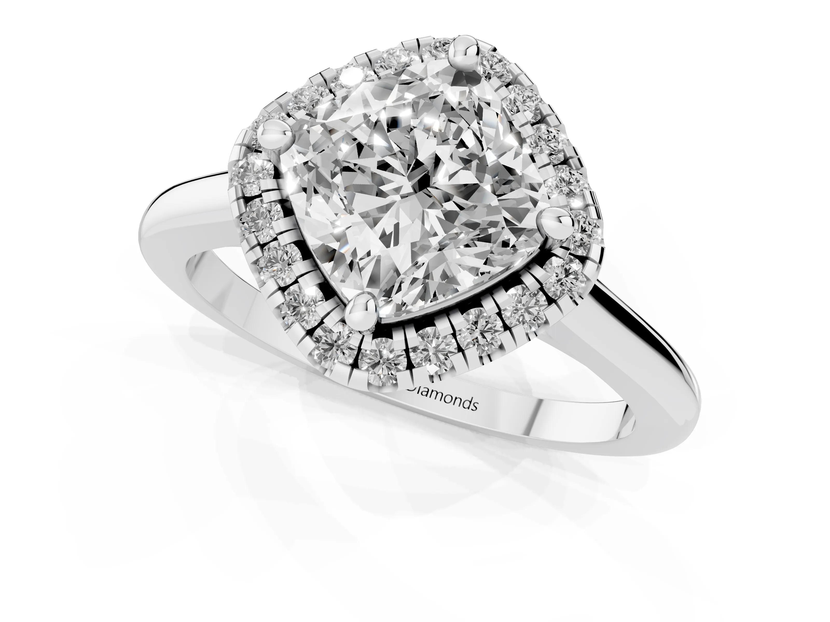 Cushion Cut Diamond Halo Engagement Ring Set in Platinum with Pavé Band and Rising Shoulders