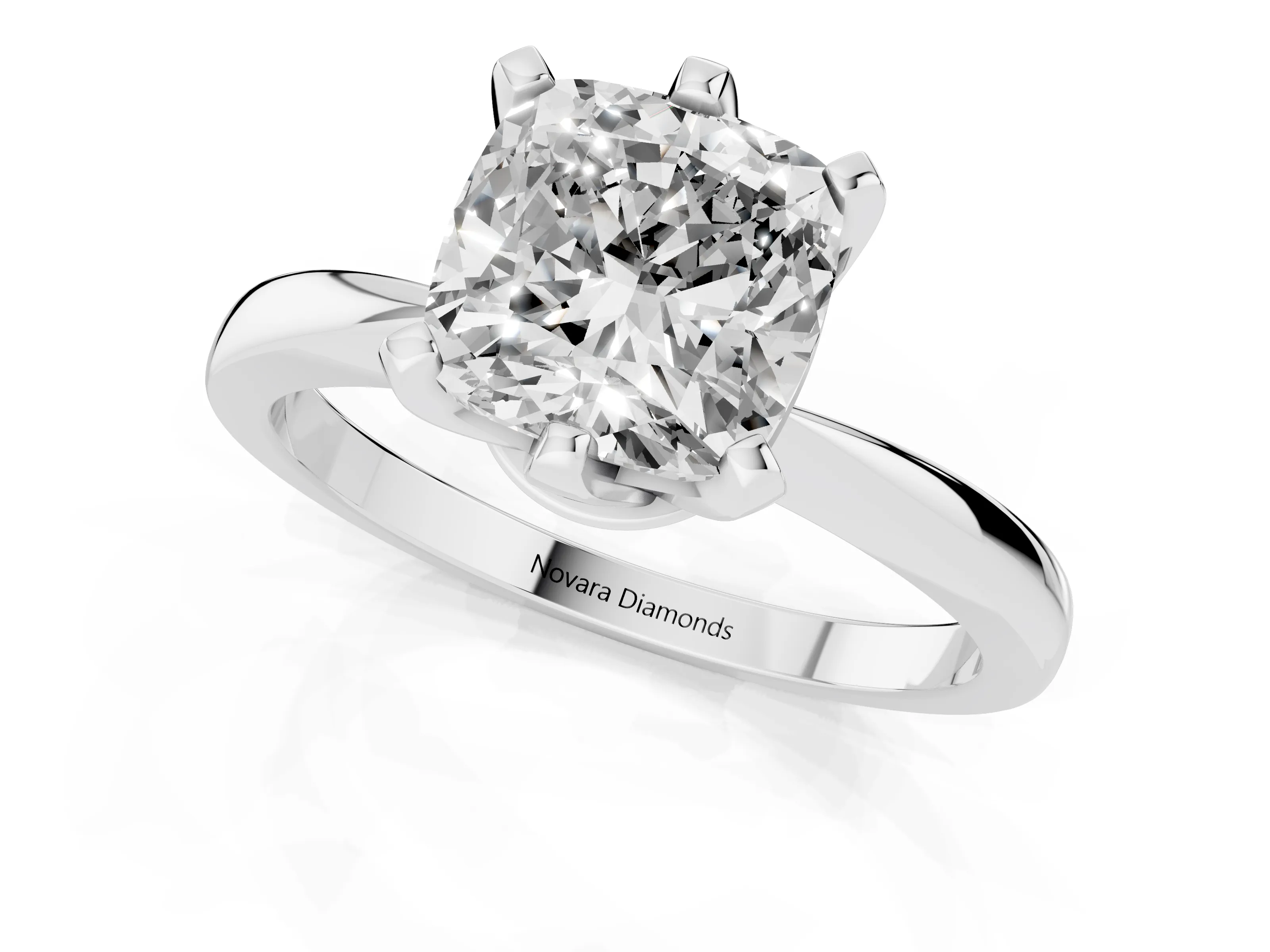 Cushion Cut Diamond Solitaire Engagement Ring Set in White gold with Slim Tapered Solitaire Band