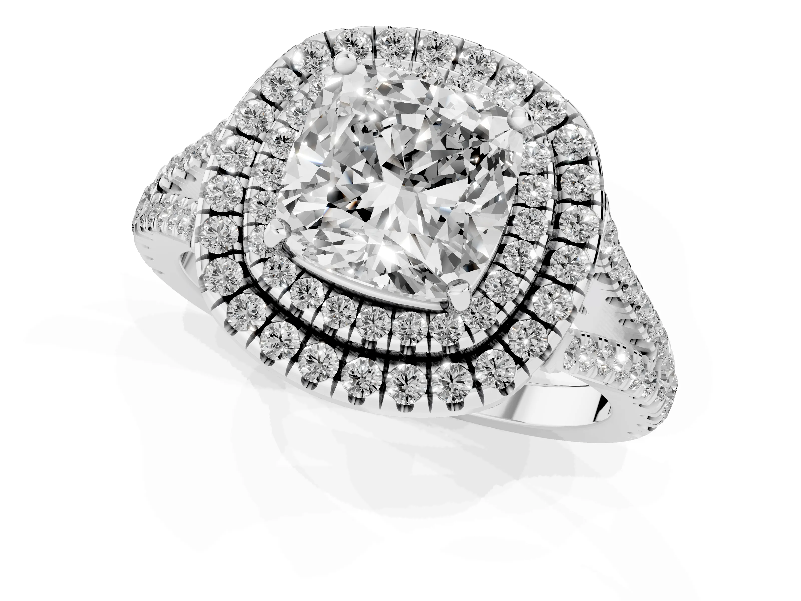 Cushion Cut Diamond Double Halo Ring Set in Platinum with Pavé Band