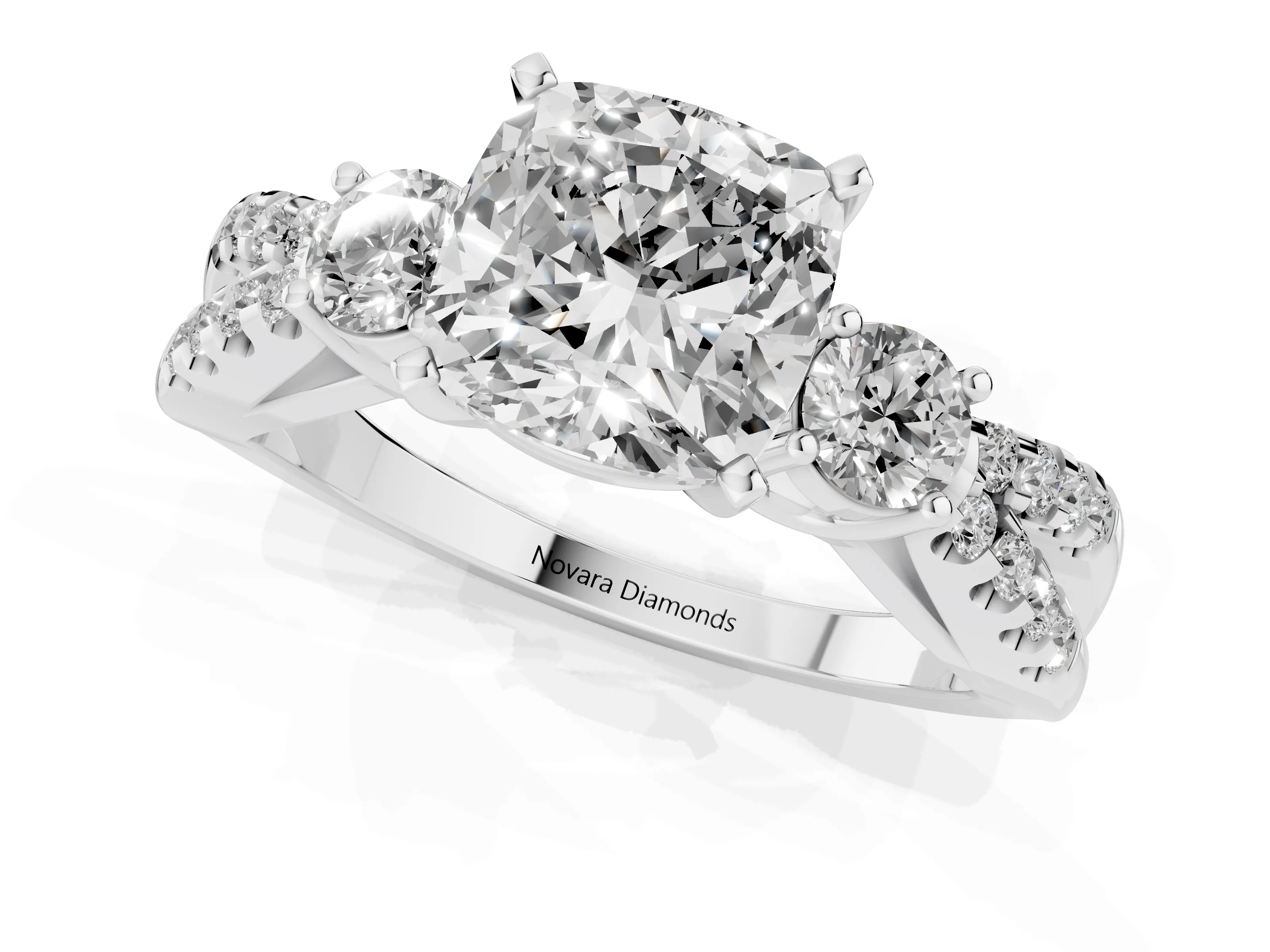 Cushion Cut Diamond Three-Stone Ring Set in Silver with Pavé Split Shank and Prong Setting
