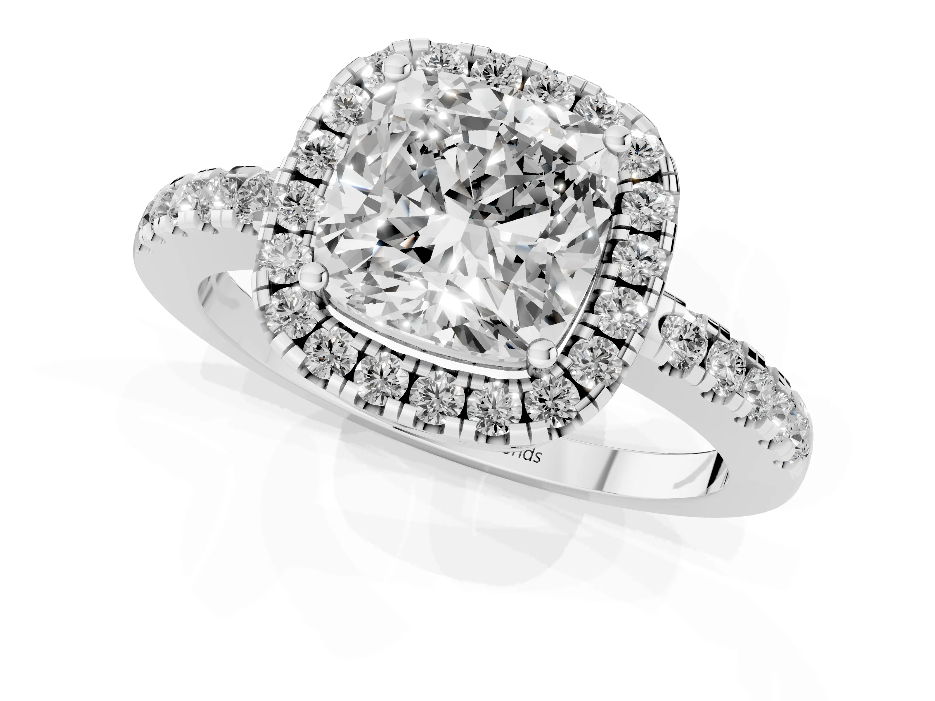 Cushion Cut Diamond Pavé Band Halo Engagement Ring Set in Platinum with Prong Setting