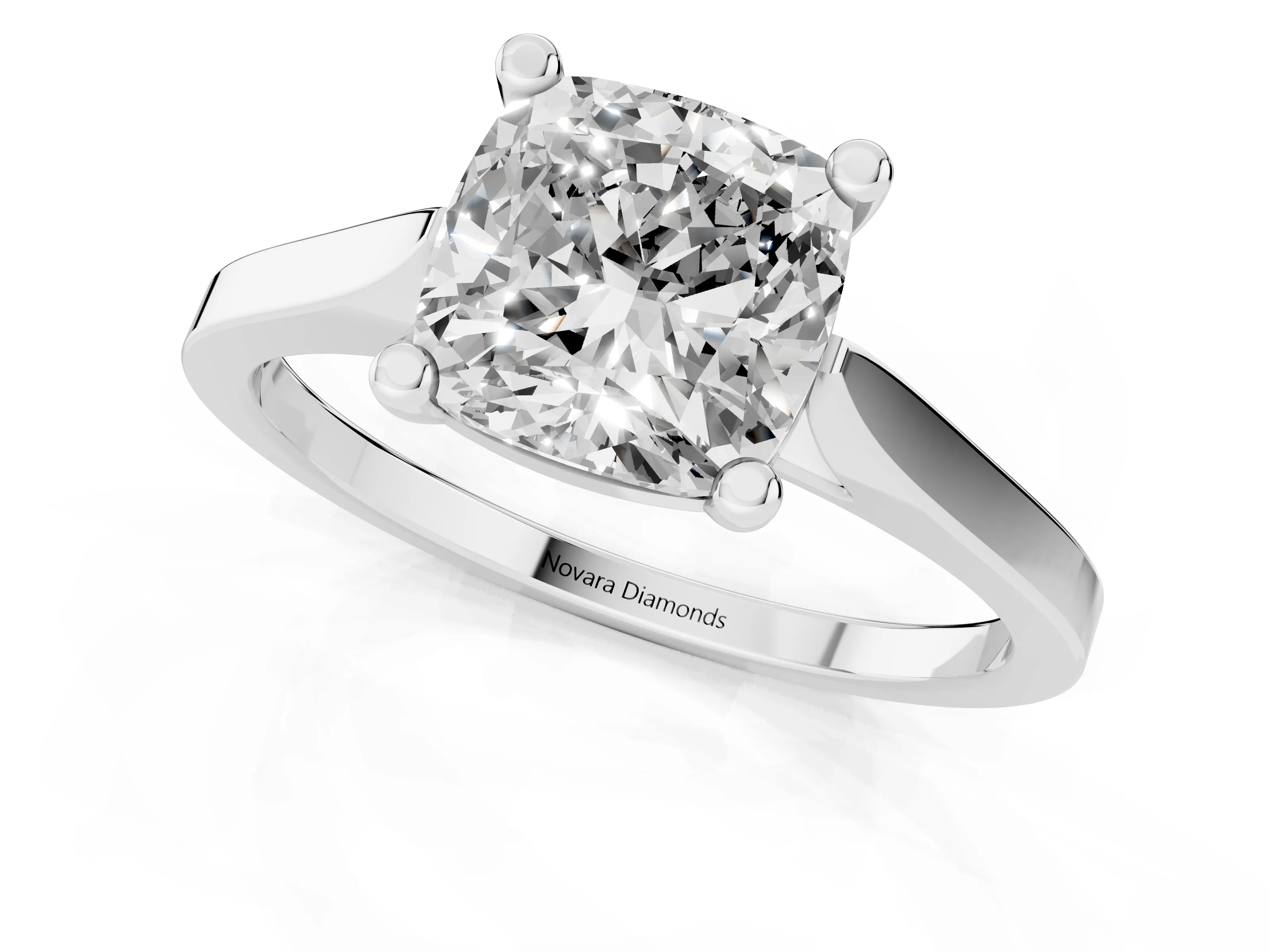 Cushion Cut Diamond Solitaire Ring Set in Silver with Prong Setting and Tapered Band