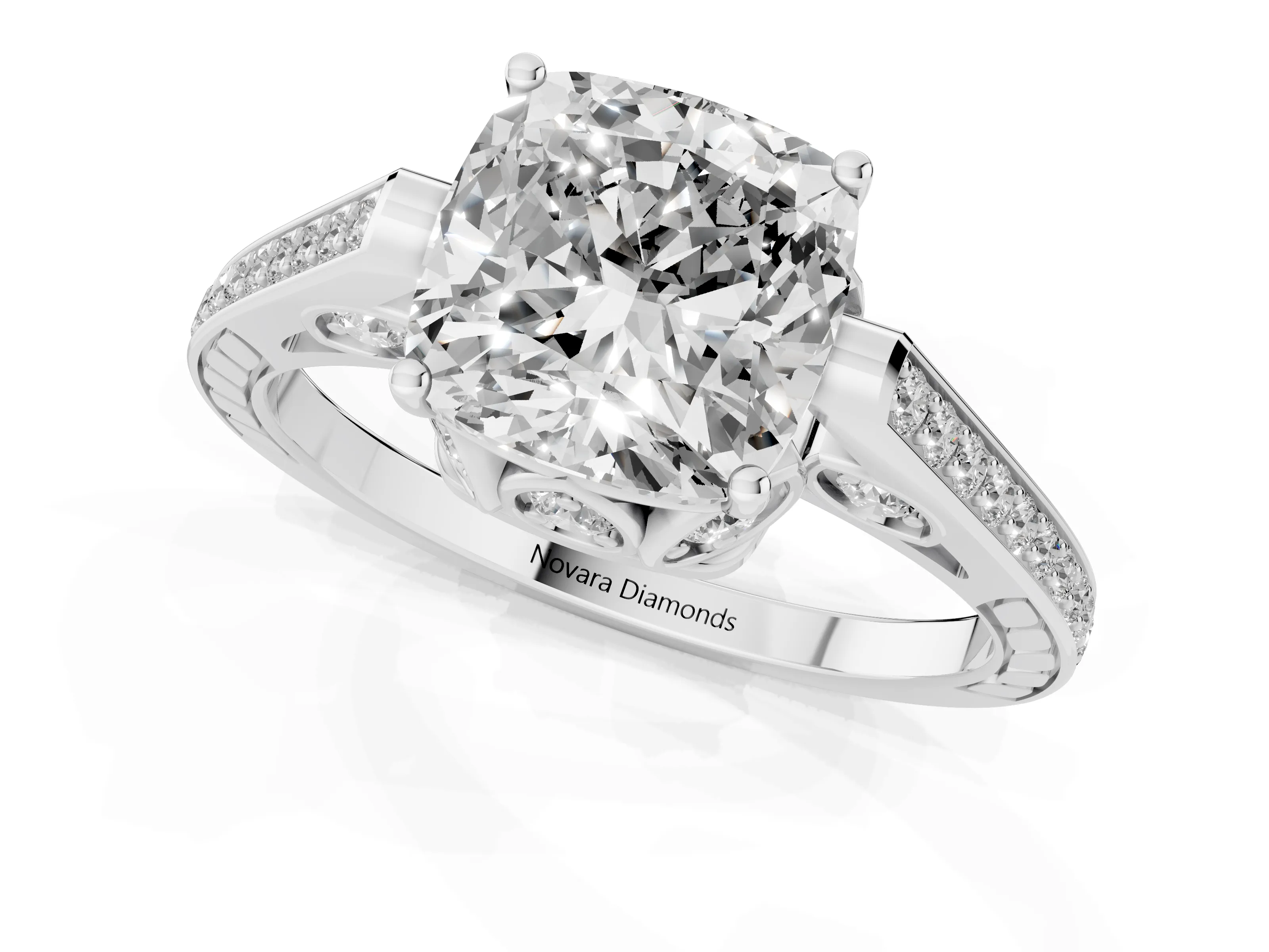 Cushion Cut Diamond Cathedral Pavé Engagement Ring Set in White gold with Prong Setting