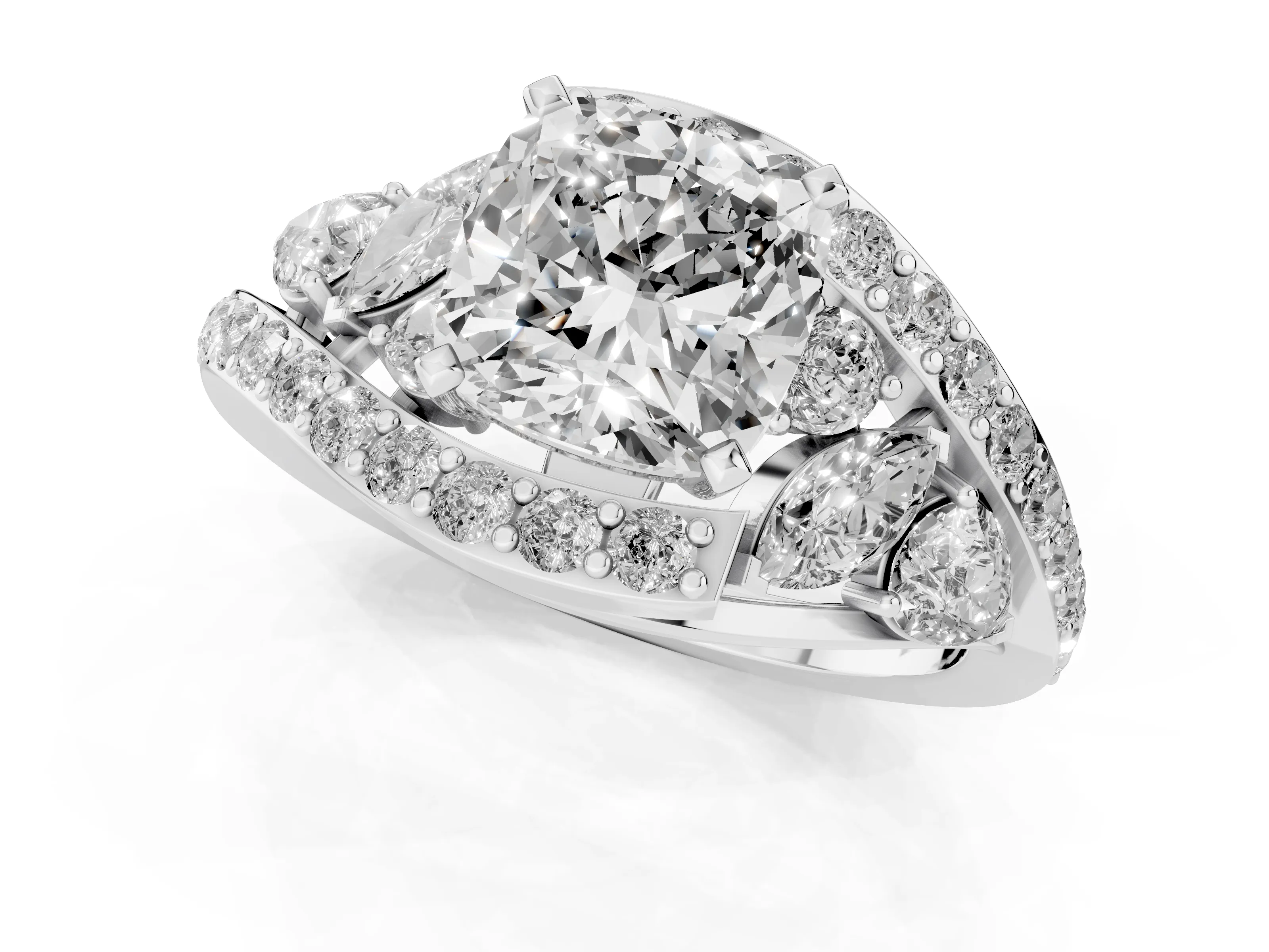 Cushion Cut Diamond Halo Ring Set in Platinum with Marquise and Pavé Band in Prong Setting
