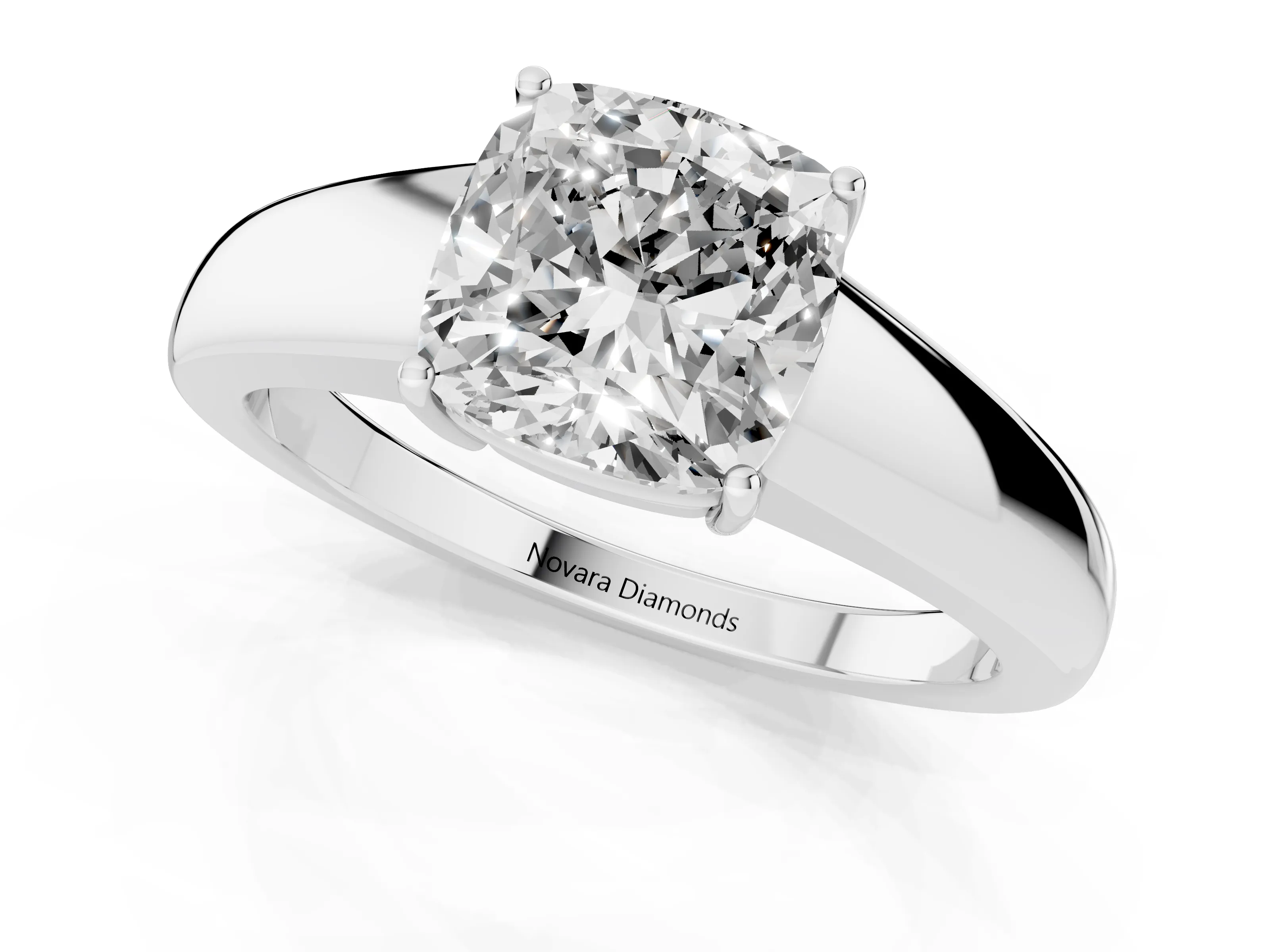 Cushion Cut Diamond Solitaire Ring Set in White gold with Tapered Band and Prong Setting