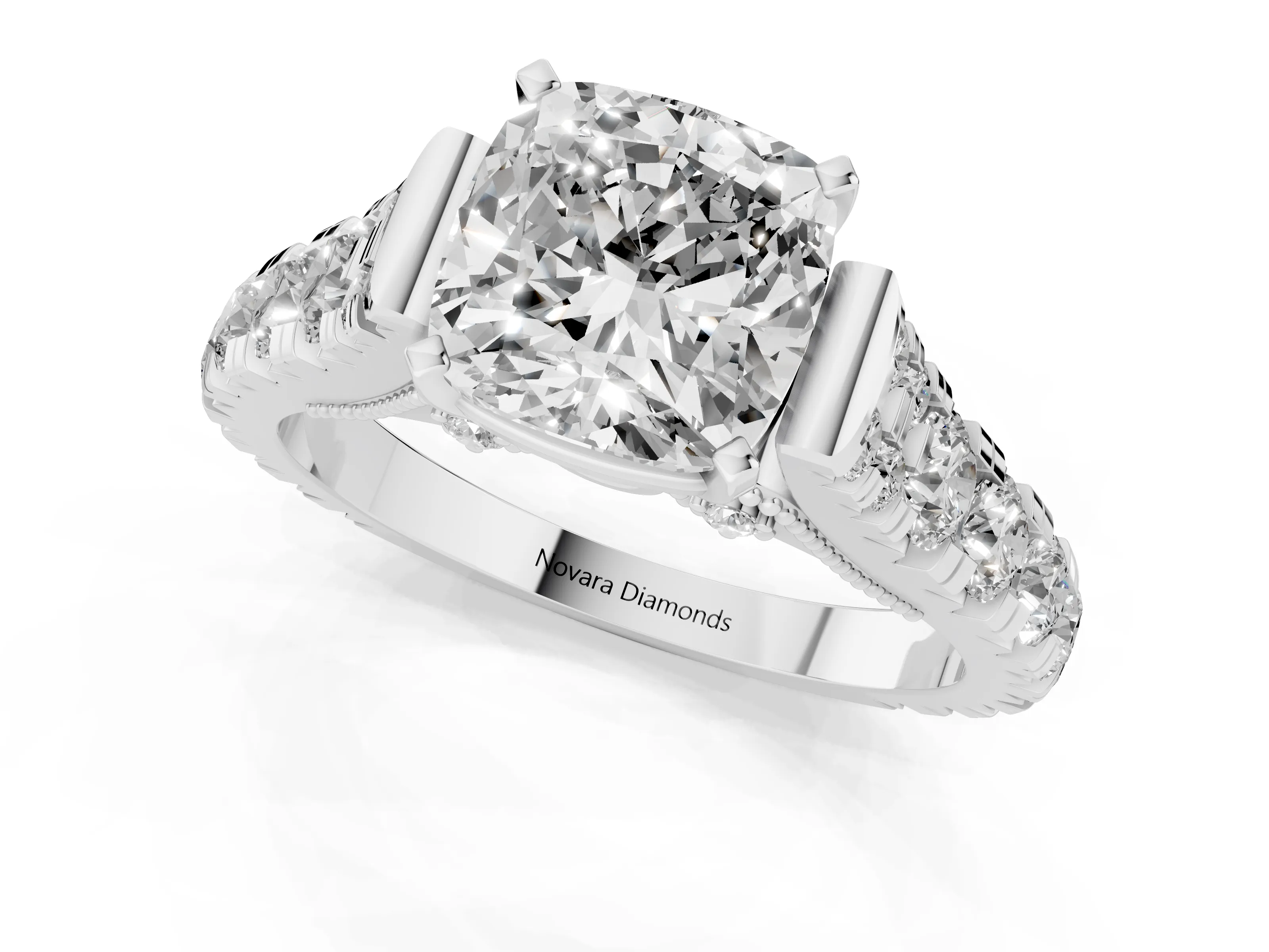 Cushion Cut Diamond Classic Solitaire Ring Set in Platinum with Pavé Band and Prong Setting