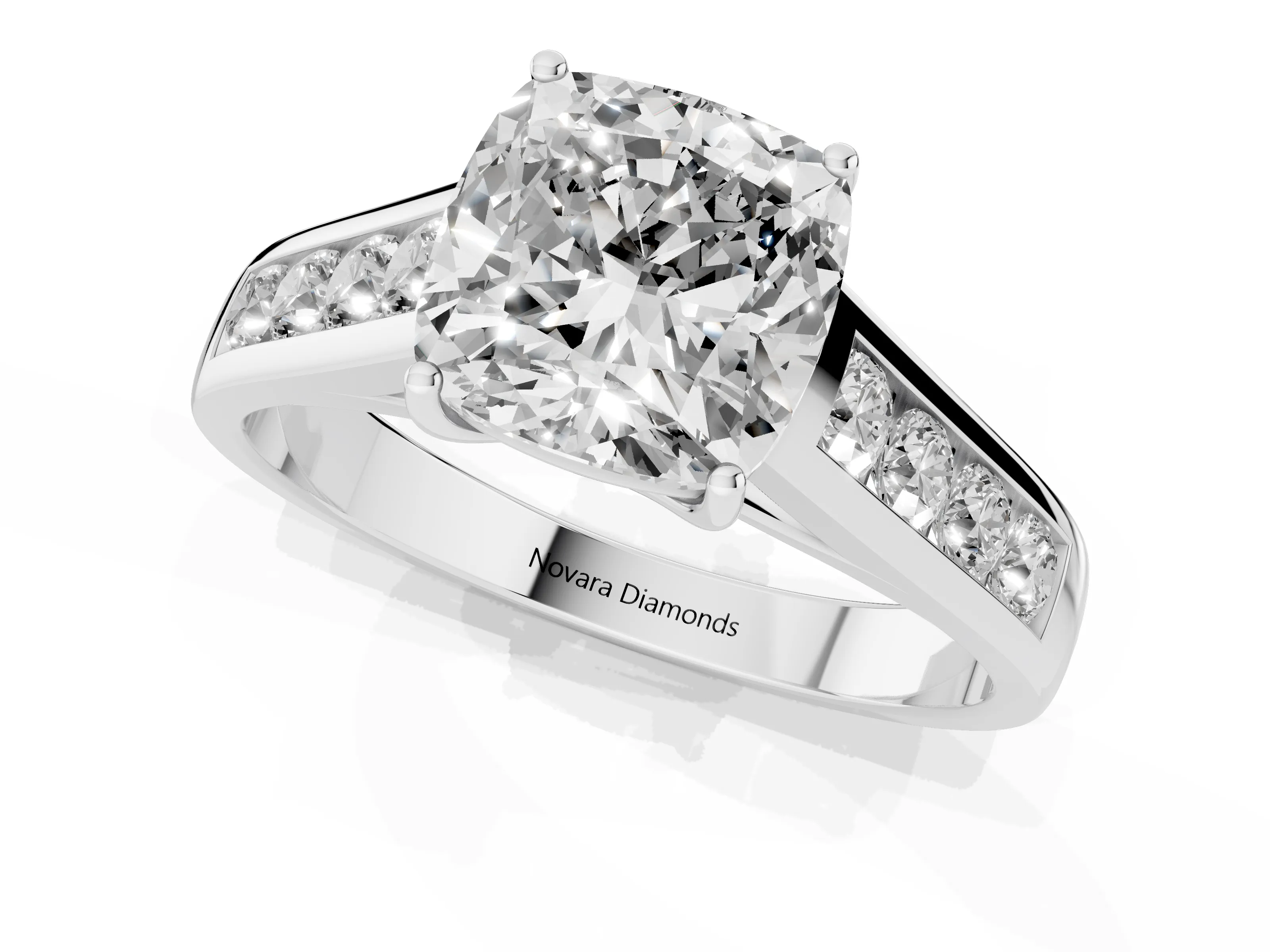 Cushion Cut Diamond Brilliant Channel-Set Solitaire Ring Set in Platinum with Prong Setting