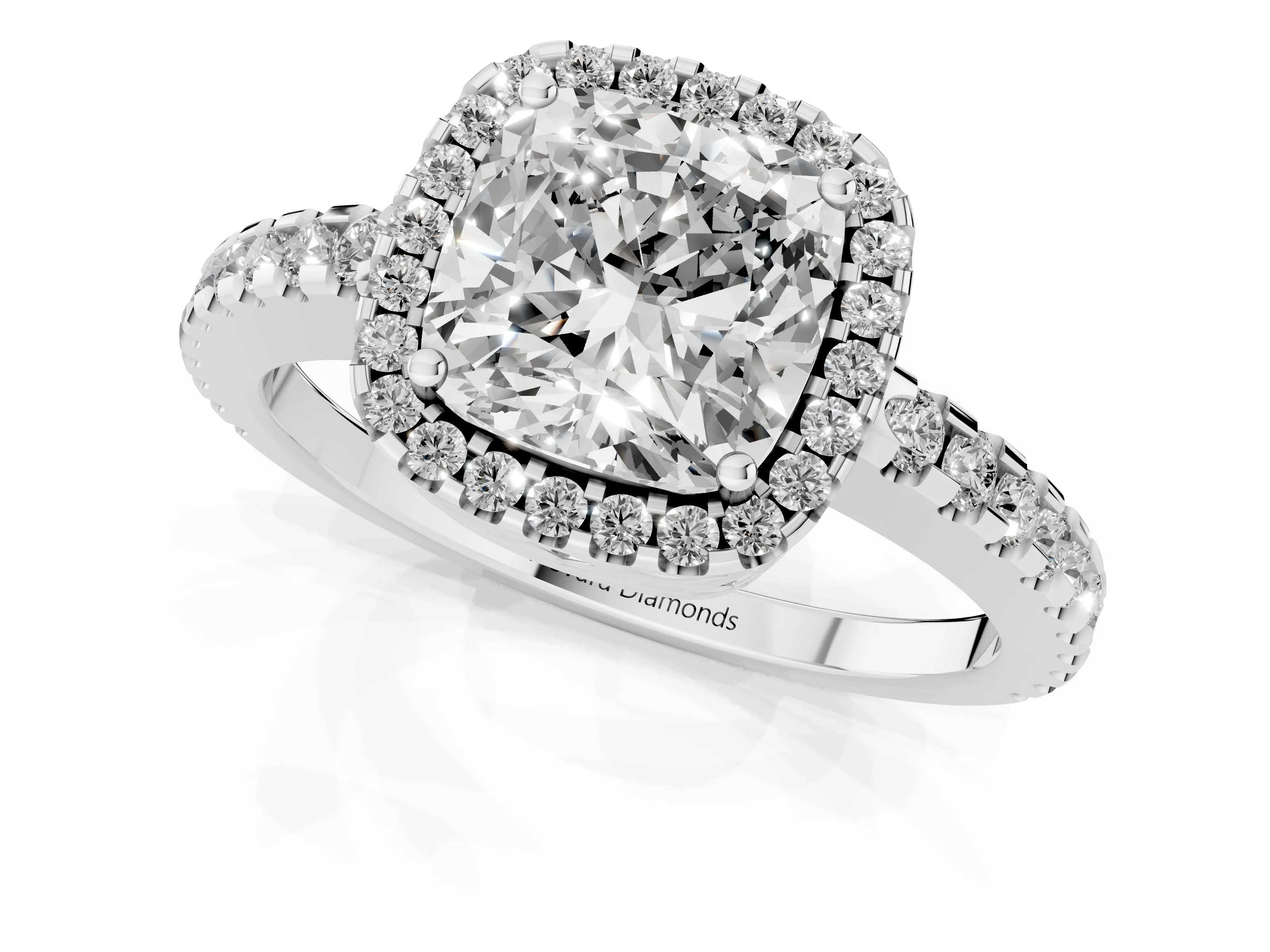 Cushion Cut Diamond Halo Ring Set in Platinum with Pavé Shoulders and Halo-Framed Center