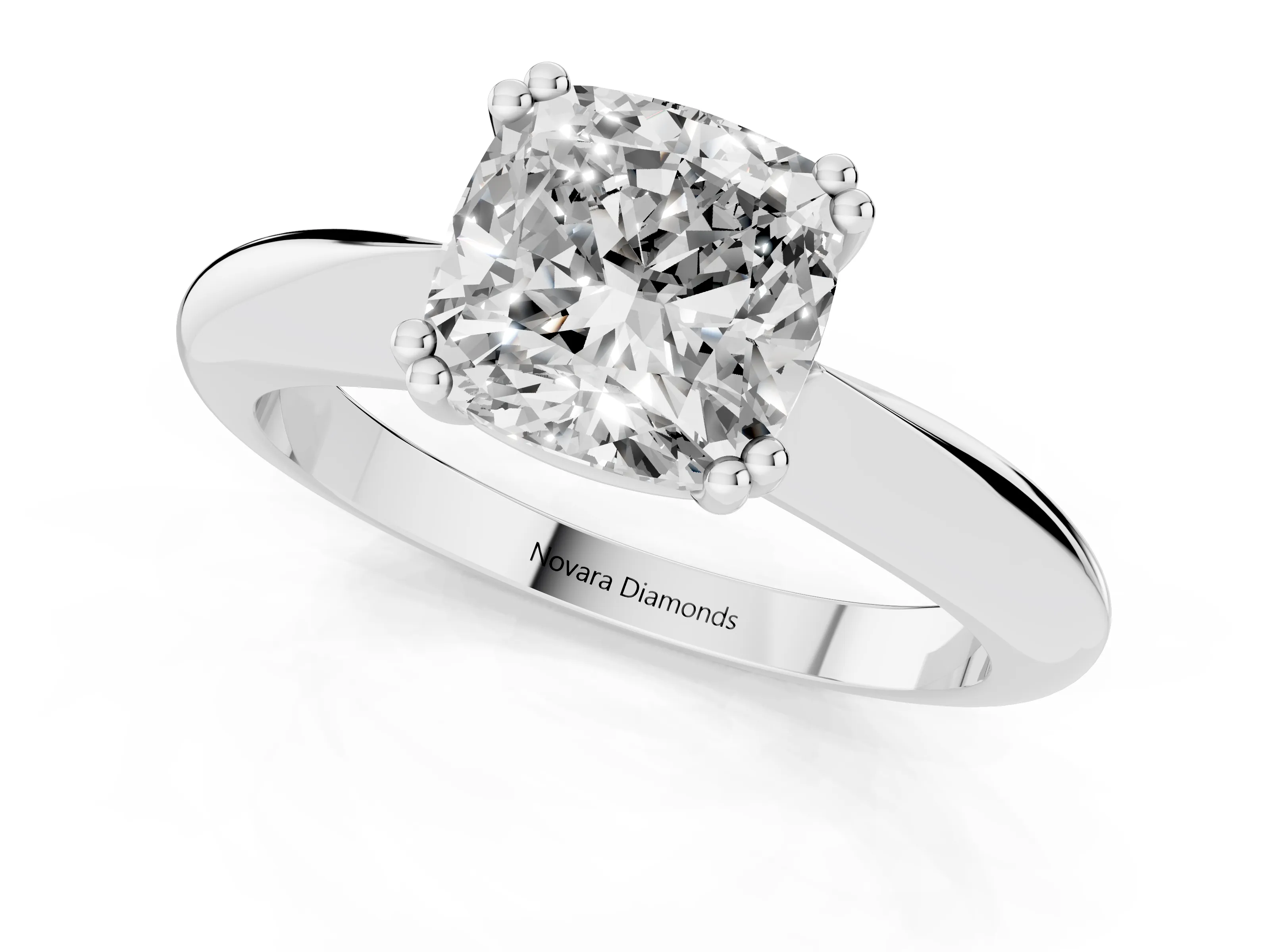 Cushion Cut Diamond Solitaire Engagement Ring Set in Silver with Tapered Band and Prong Setting
