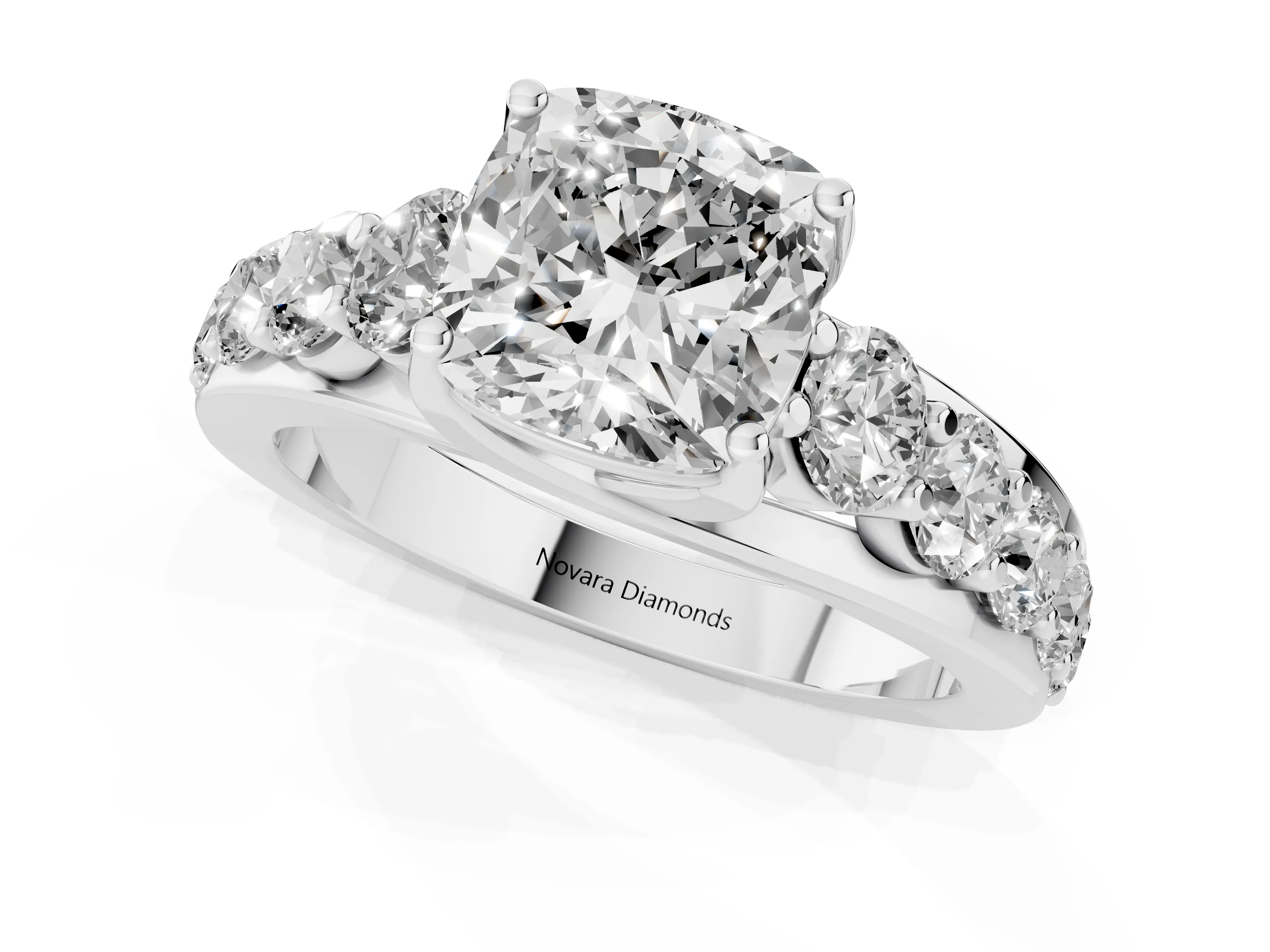 Cushion Cut Diamond Pavé Engagement Ring Set in Platinum with Prong Setting