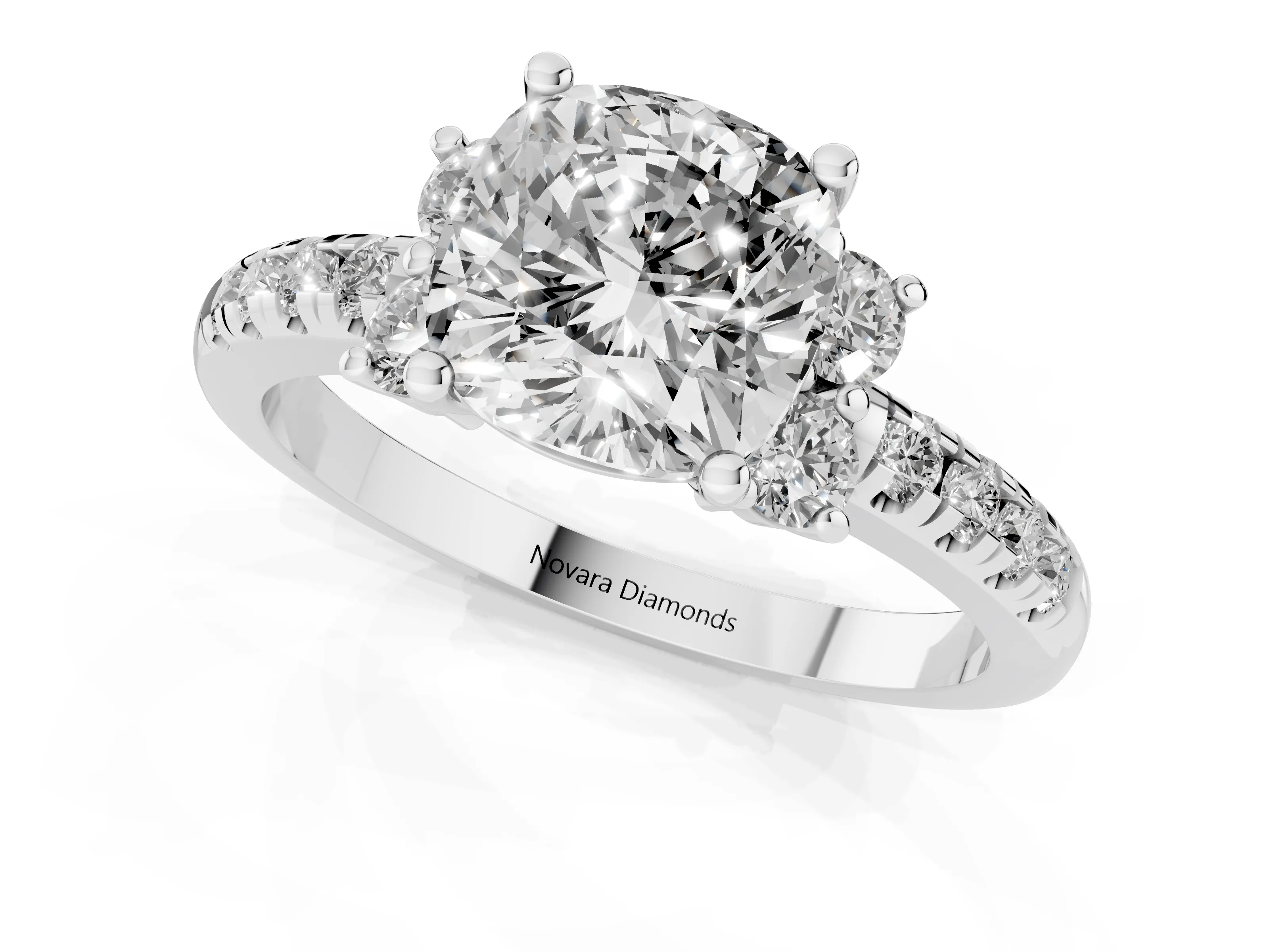 Cushion Cut Diamond Three-Stone Pavé Ring Set in Silver with Prong Setting