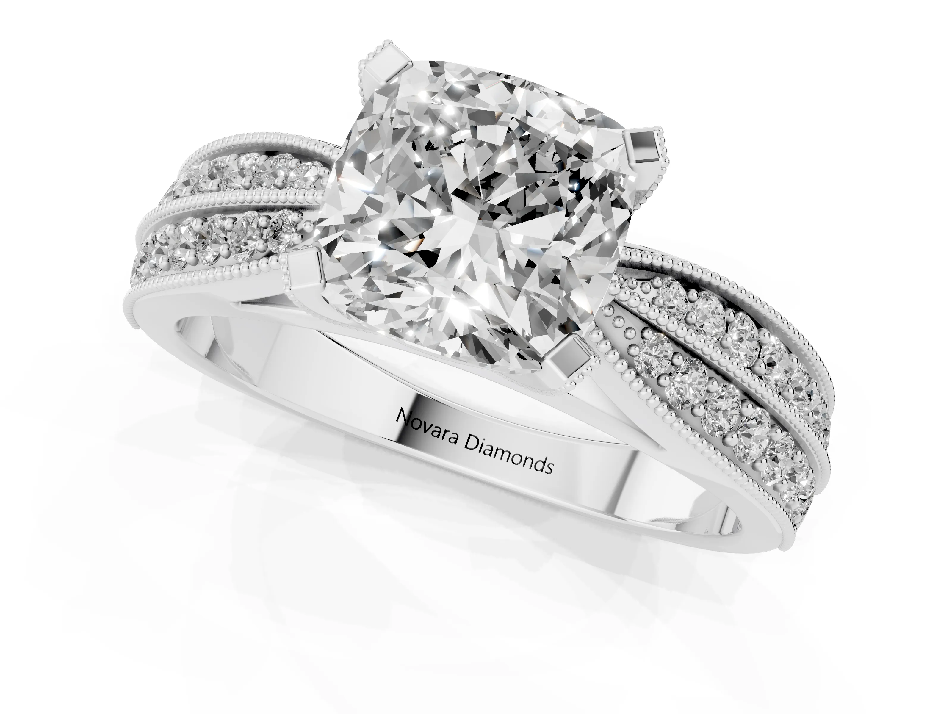 Cushion Cut Diamond Solitaire Ring Set in Silver with Milgrain Double Row Round Pavé Band