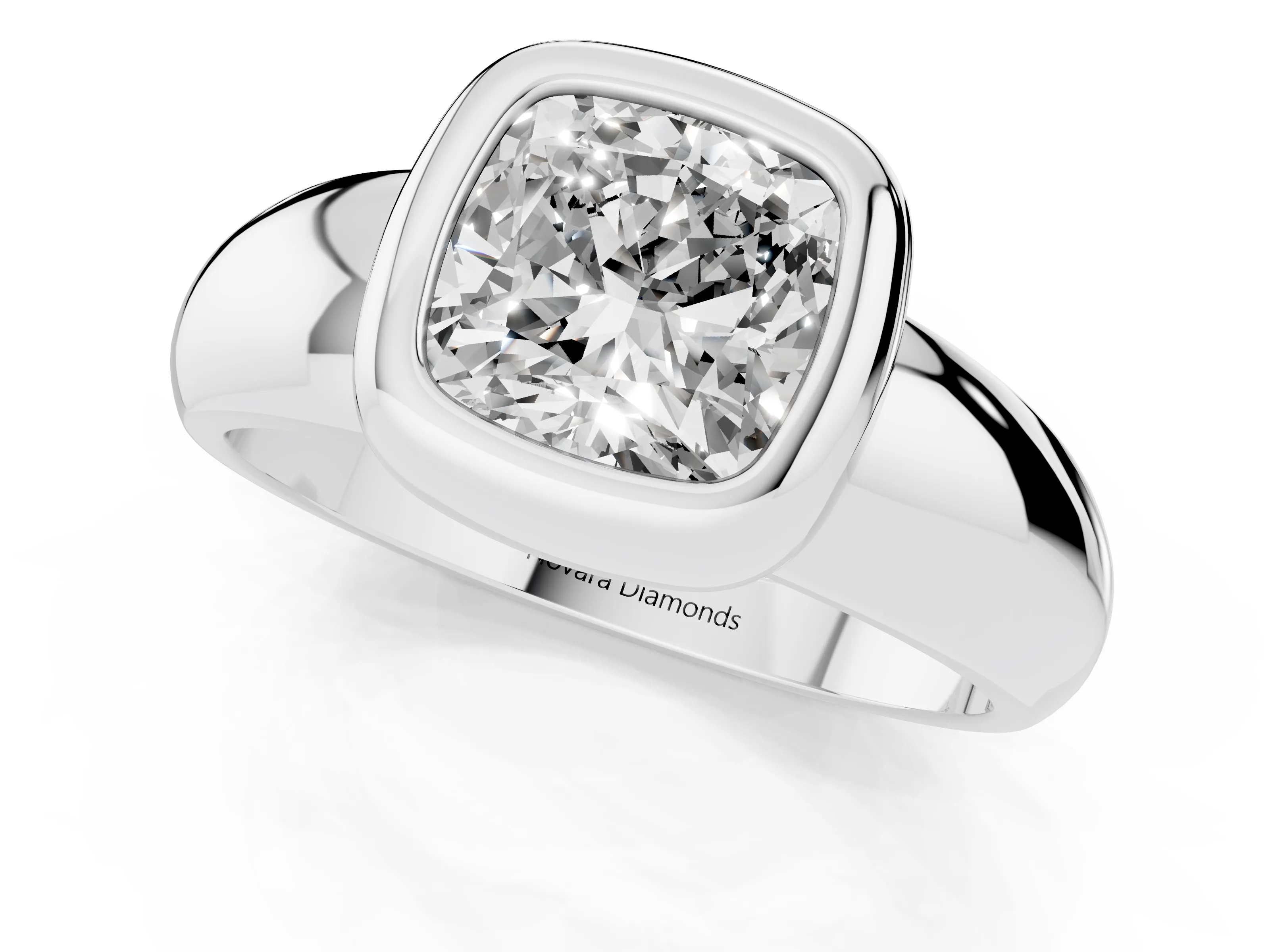 Bezel Set Cushion Cut Diamond Solitaire Ring Set in Platinum with Wide Band