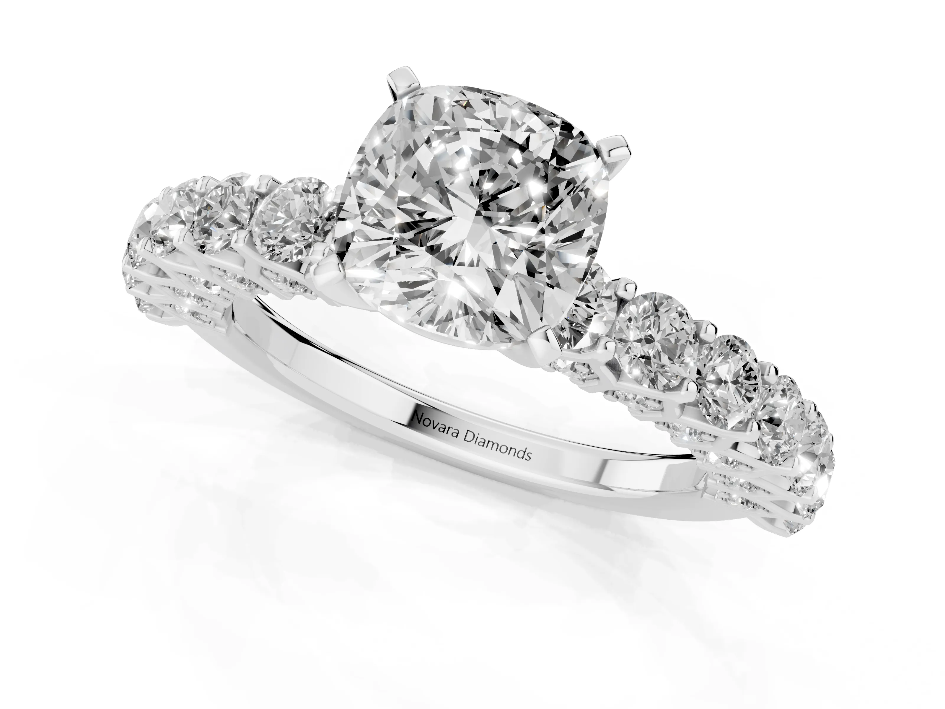 Cushion Cut Diamond Solitaire Ring Set in Silver with Shared Prong Pavé Band